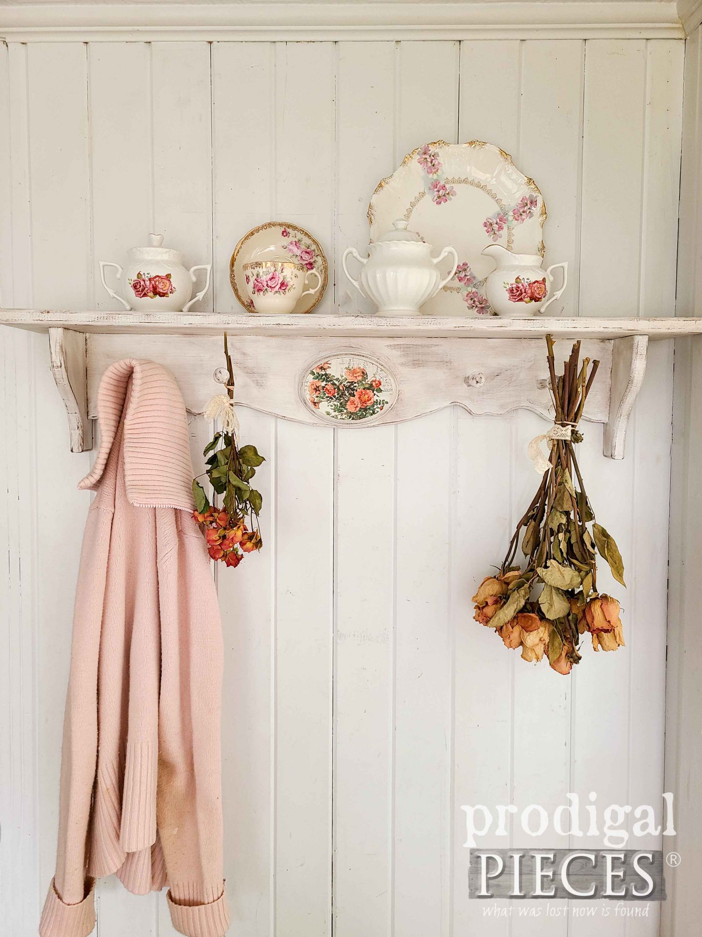 Beautiful Shabby Chic Shelf with Rose Accents for Thrifty Decor Makeovers by Larissa of Prodigal Pieces | prodigalpieces.com #prodigalpieces #shabbychic #vintage #rose #home #homedecor