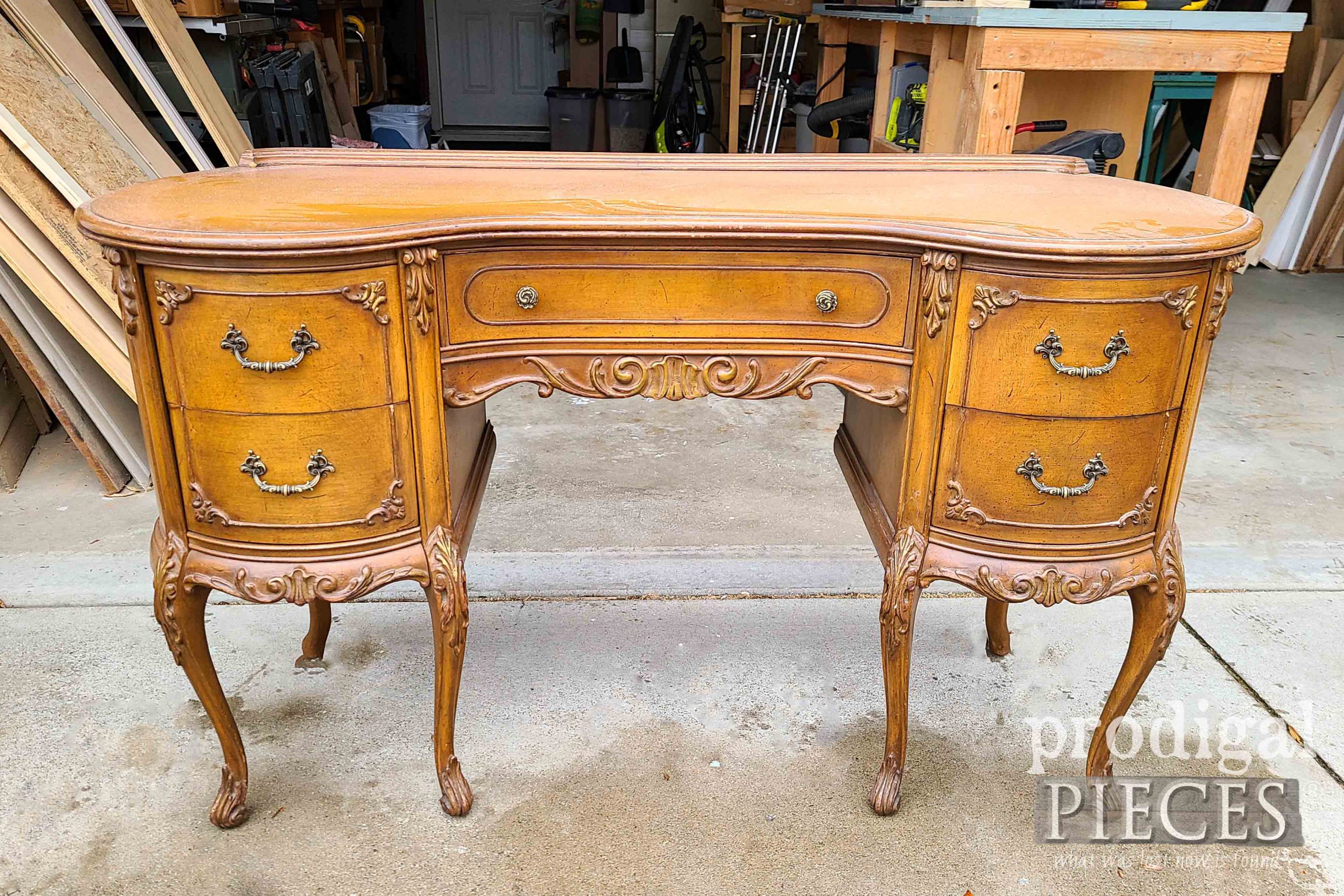 Vintage French Provincial Kidney Desk Before Makeover by Prodigal Pieces | prodigalpieces.com