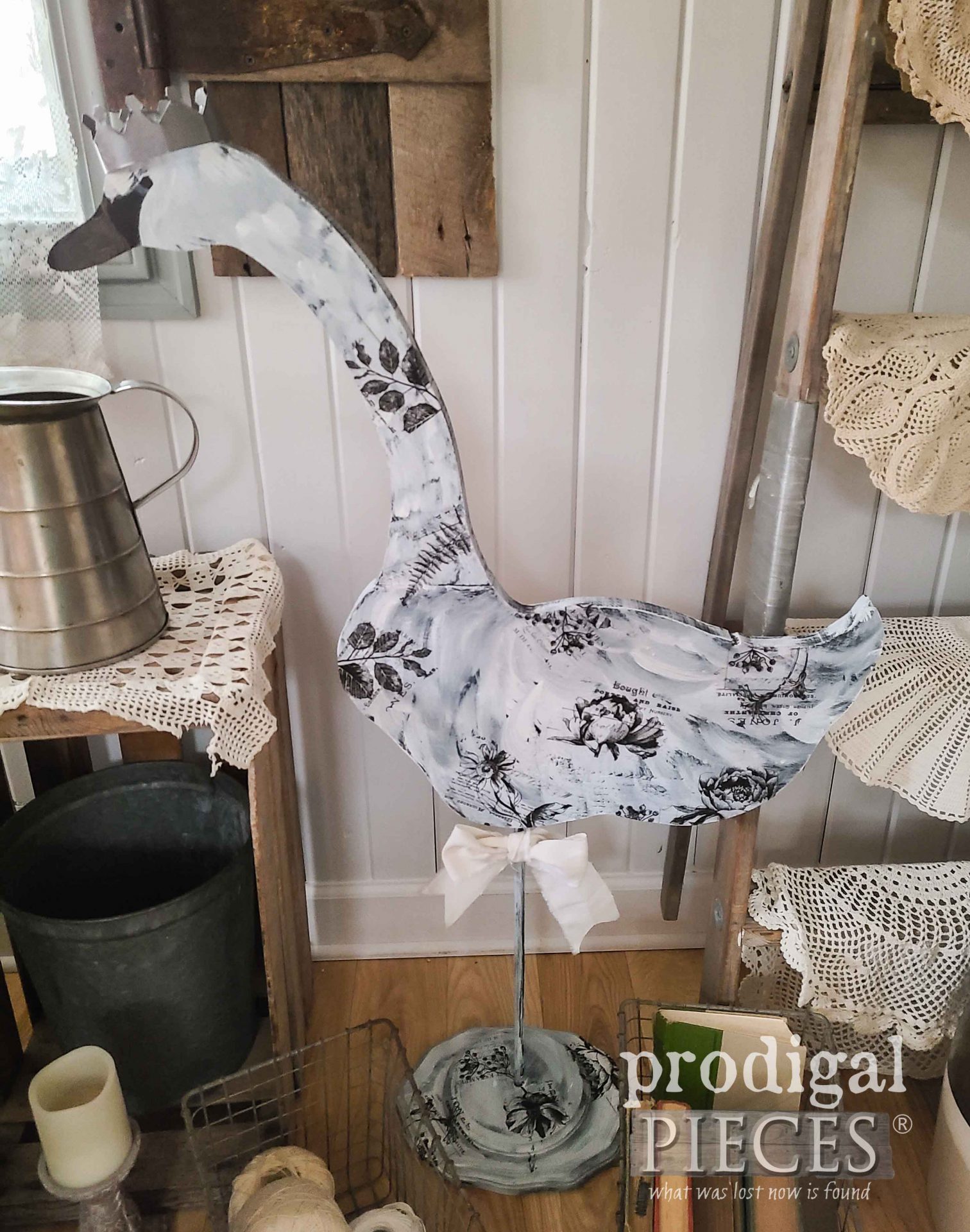 White Shabby Chic Swan Art with Stand by Larissa of Prodigal Pieces | prodigalpieces.com #prodigalpieces #diy #home #homedecor