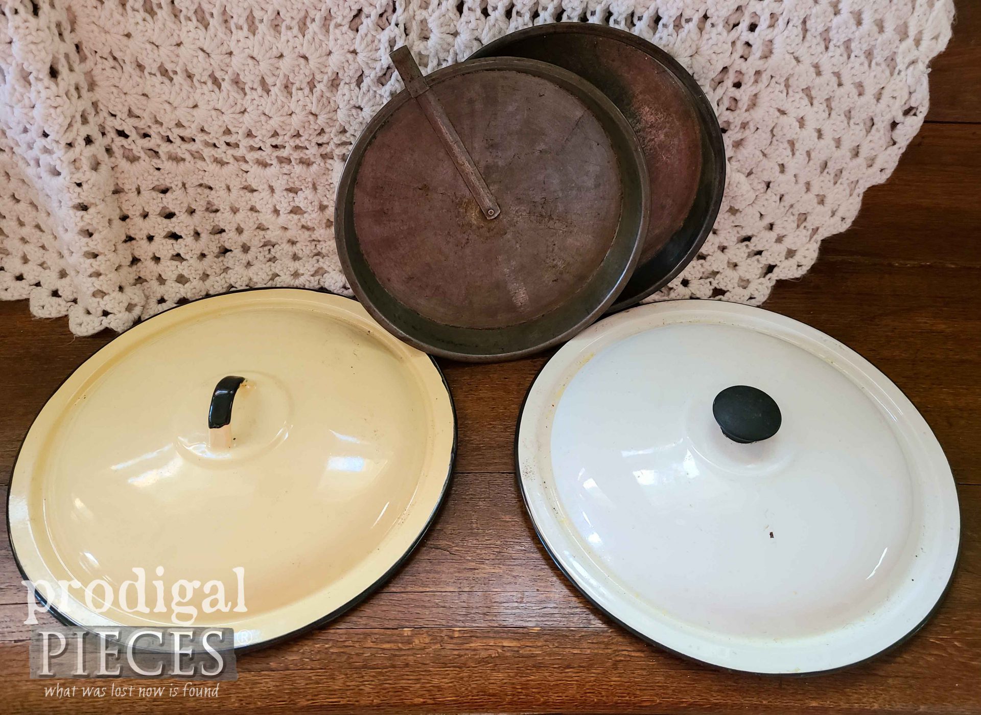 Enamel Pot Lids and Bakeware Before Upcycle by Larissa of Prodigal Pieces | prodigalpieces.com