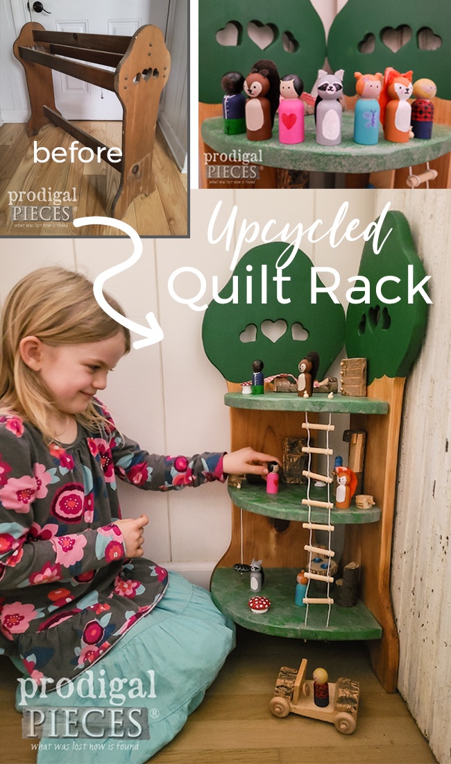 How cute!! This upcycled quilt rack was turned into a woodland treehouse playset with accessories. Fun created by Larissa of Prodigal Pieces | prodigalpieces.com #prodigalpieces #upcycled #kids #toys #playtime #handmade