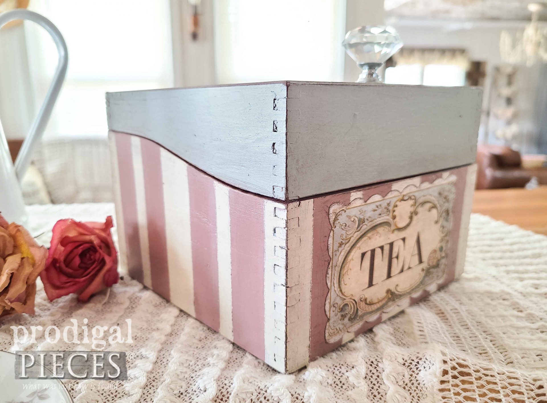 Striped Box for Tea by Larissa of Prodigal Pieces | prodigalpieces.com #prodigalpieces #vintage #shabbychic #cottage