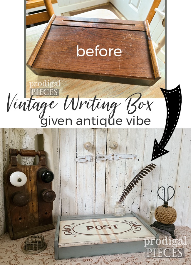 This vintage writing box needed an antique update to give it charm. See the tutorial by Larissa of Prodigal Pieces at prodigalpieces.com #prodigalpieces #diy #vintage #home #homedecor
