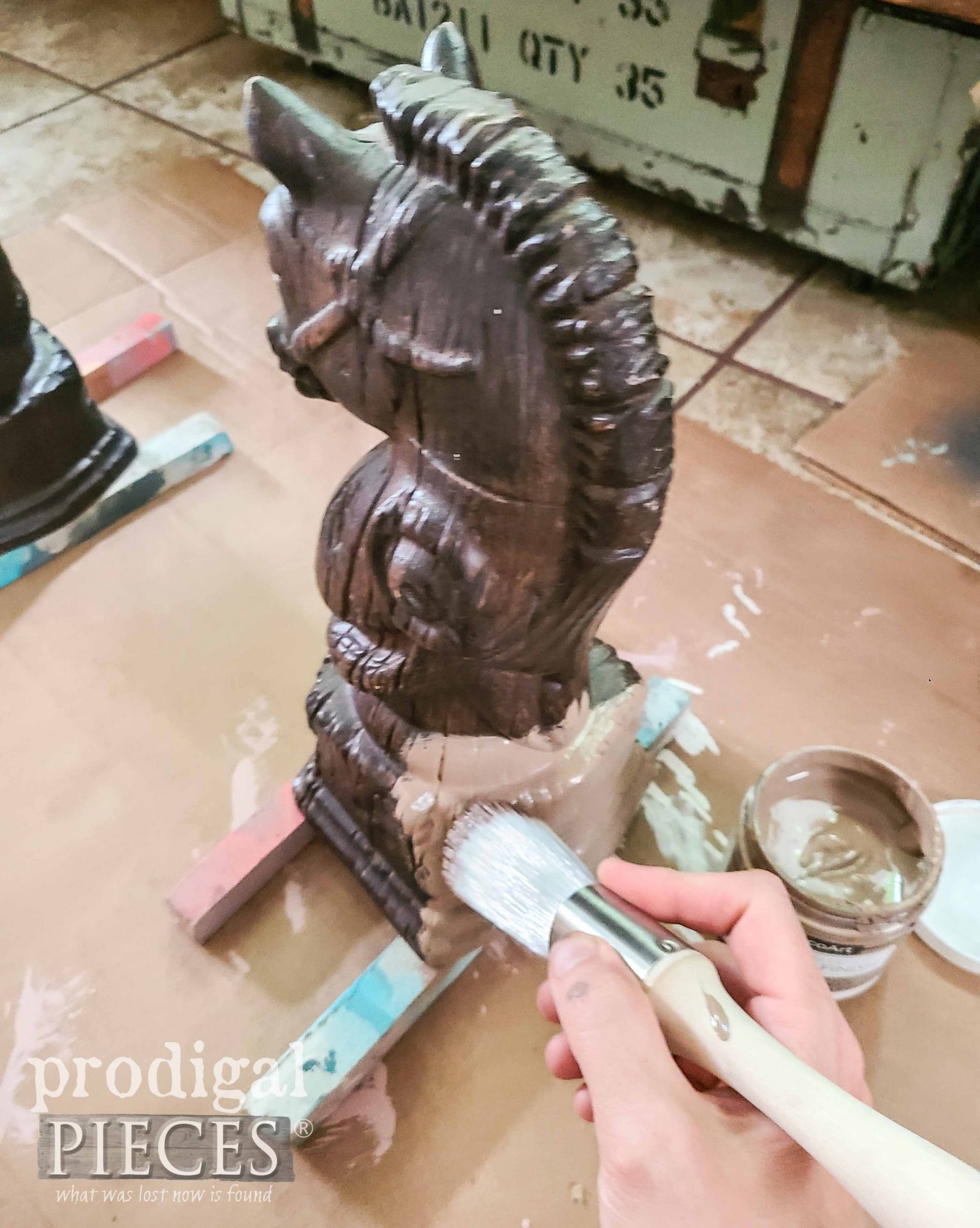 Painting Base Coat on Vintage Horse Head Bookends by Larissa of Prodigal Pieces | prodigalpieces.com