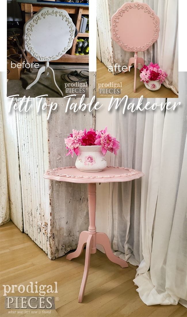 A Damaged Tilt Top Table with Drop Leaf Makeover by Larissa of Prodigal Pieces | prodigalpieces.com #prodigalpieces #furniture #table #pink #home #homedecor