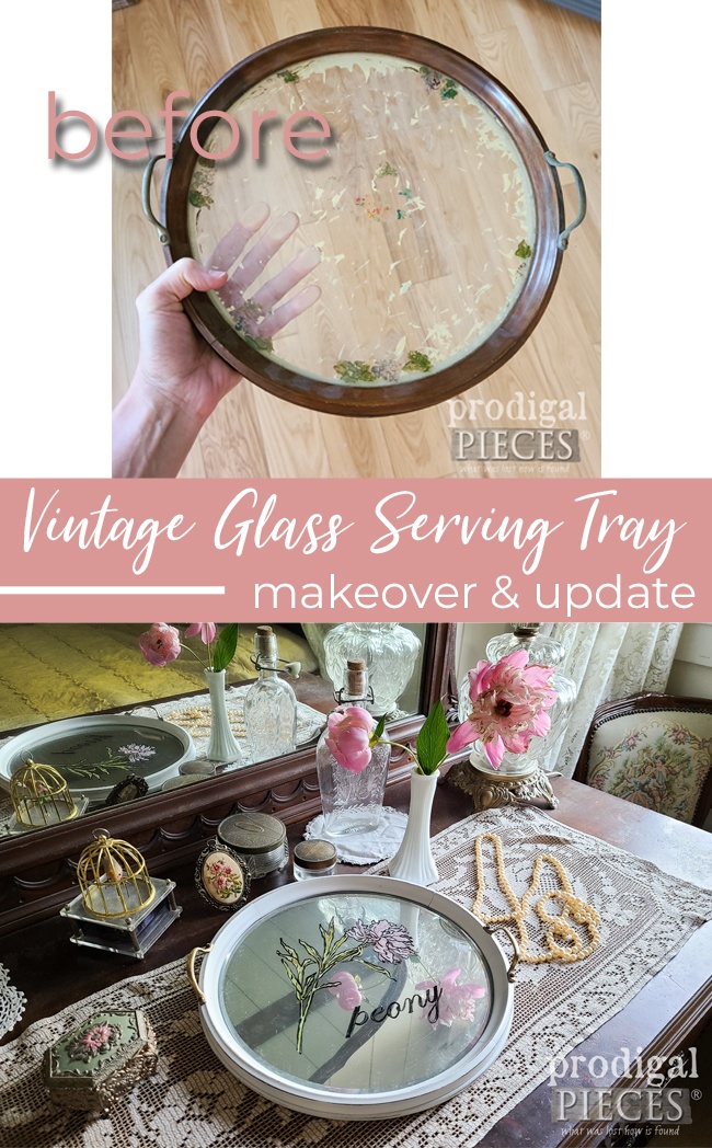 A dated and worn vintage round glass serving tray gets a DIY mirrored makeover with peony painting by Larissa of Prodigal Pieces | prodigalpieces.com #prodigalpeices #home #homedecor #diy #cottage #vintage