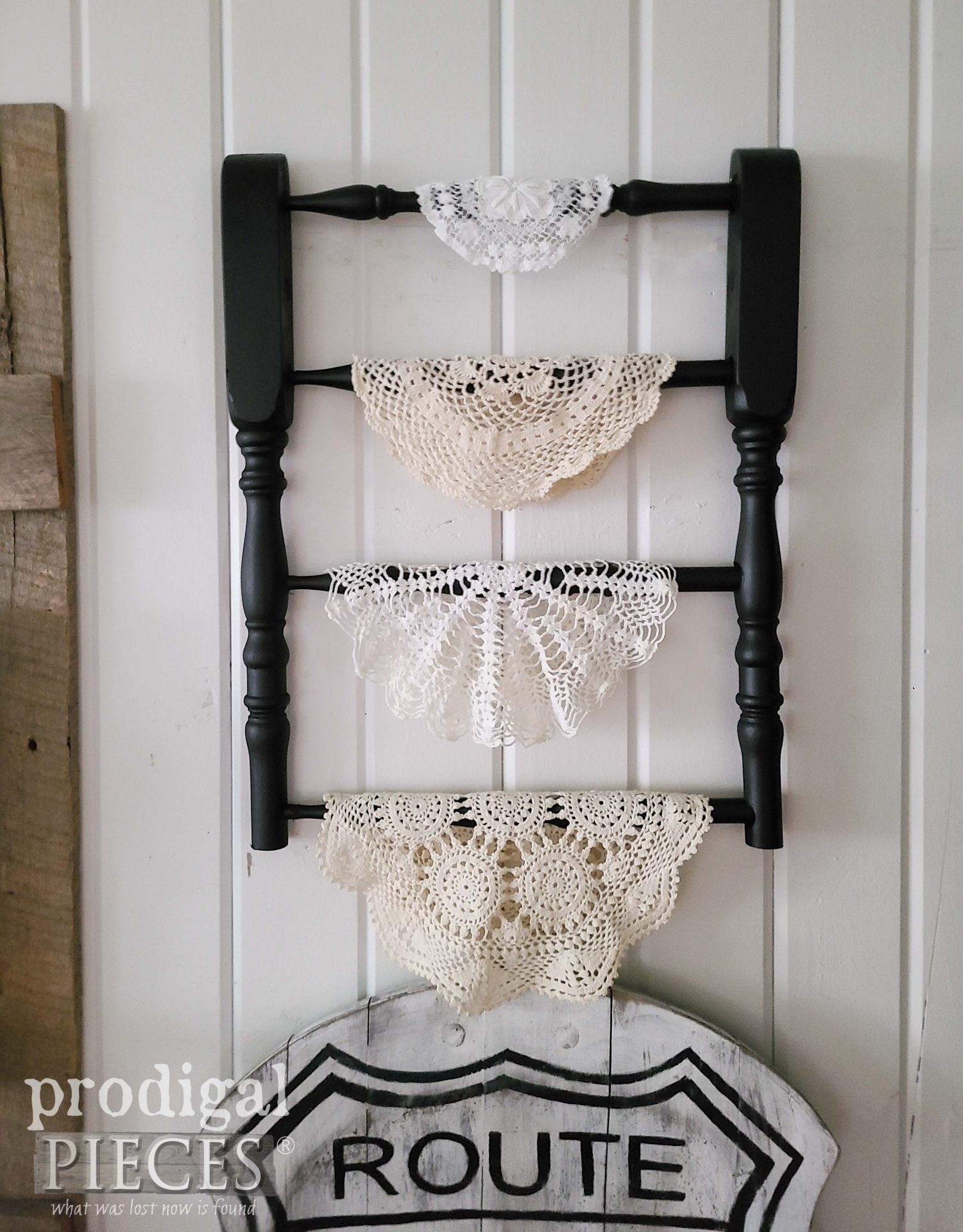 Farmhosue Spindle Rack from an Upcycled Broken Chair with Handmade Doilies by Larissa of Prodigal Pieces | prodigalpieces.com #prodigalpieces #farmhouse #diy #home #farmhouse