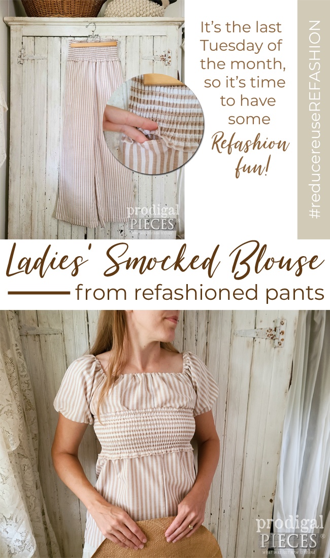 A damaged pair of pants is refashioned into a ladies' smocked blouse by Larissa of Prodigal Pieces | prodigalpieces.com #prodigalpieces #refashion #diy #handmade #style #sewing