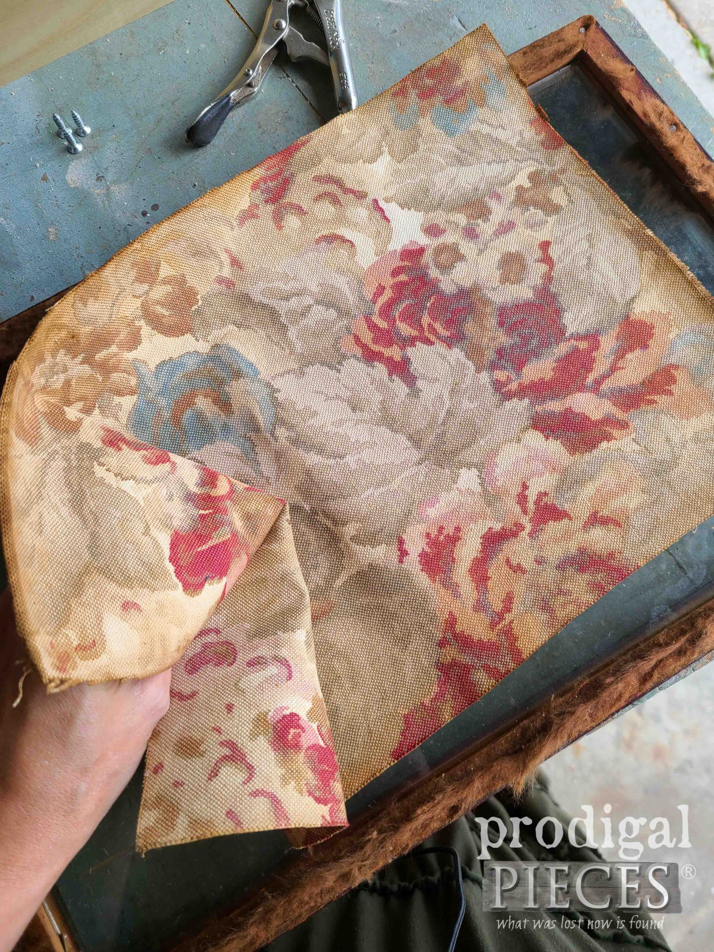 Old Fabric in Serving Tray for Reverse Painting DIY | prodigalpieces.com