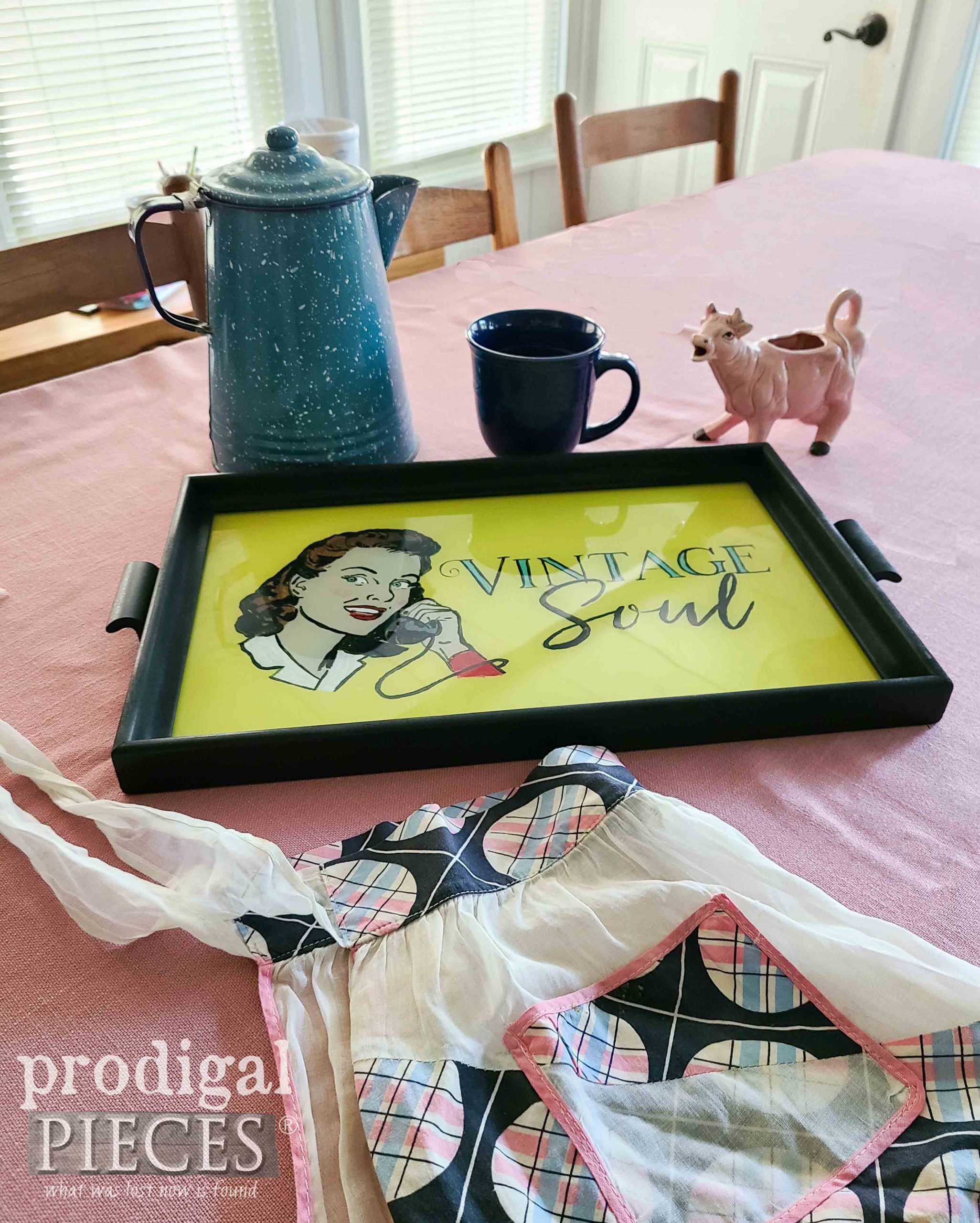 Retro Vintage Vignette with Apron and Kitchen Fun with Reverser Painting Tutorial by Larissa of Prodigal Pieces | prodigalpieces.com #prodigalpieces #vintage #50s #retro #home #homedecor