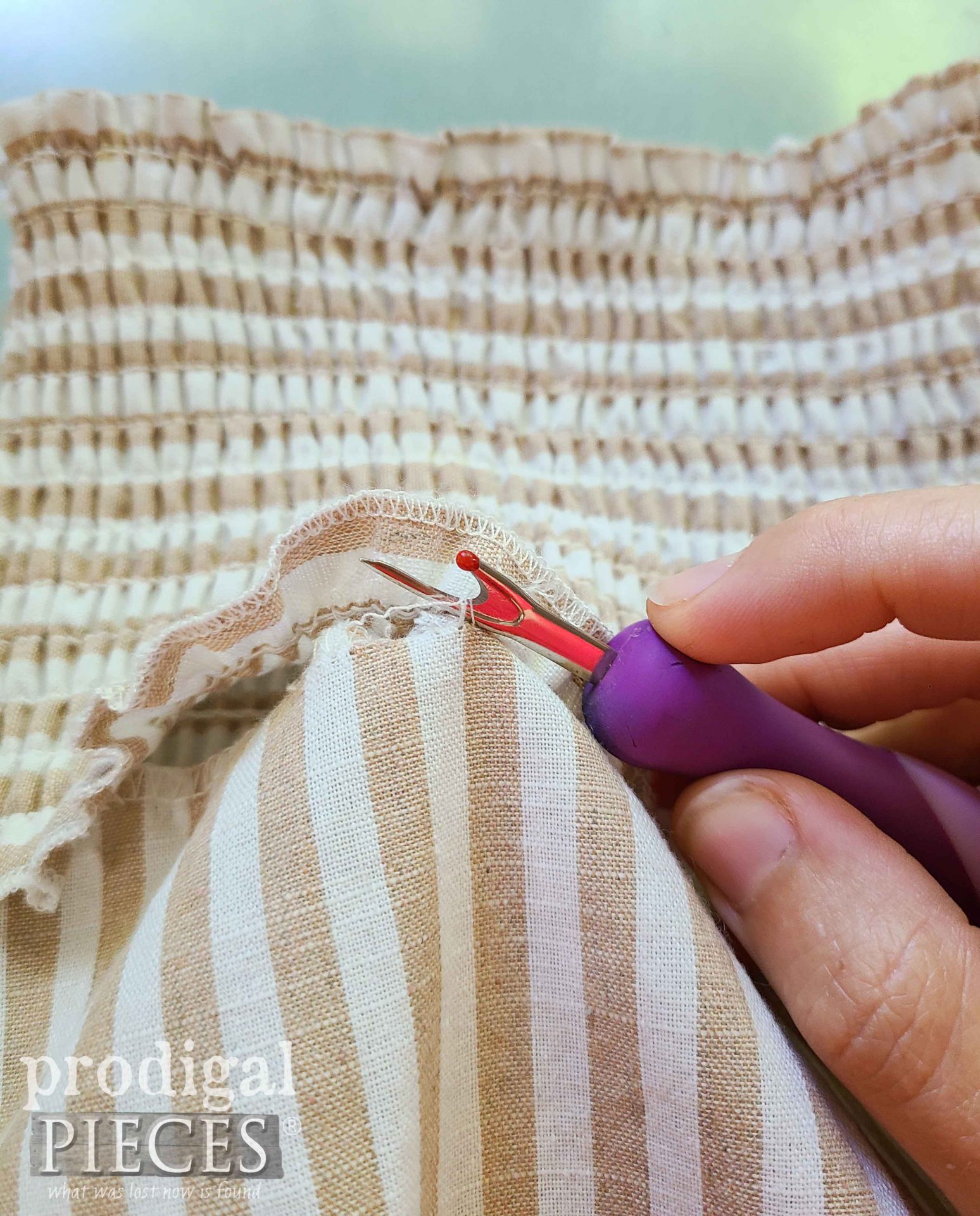 Seam Ripping Refashioned Pants into Ladies' Smocked Blouse | prodigalpieces.com