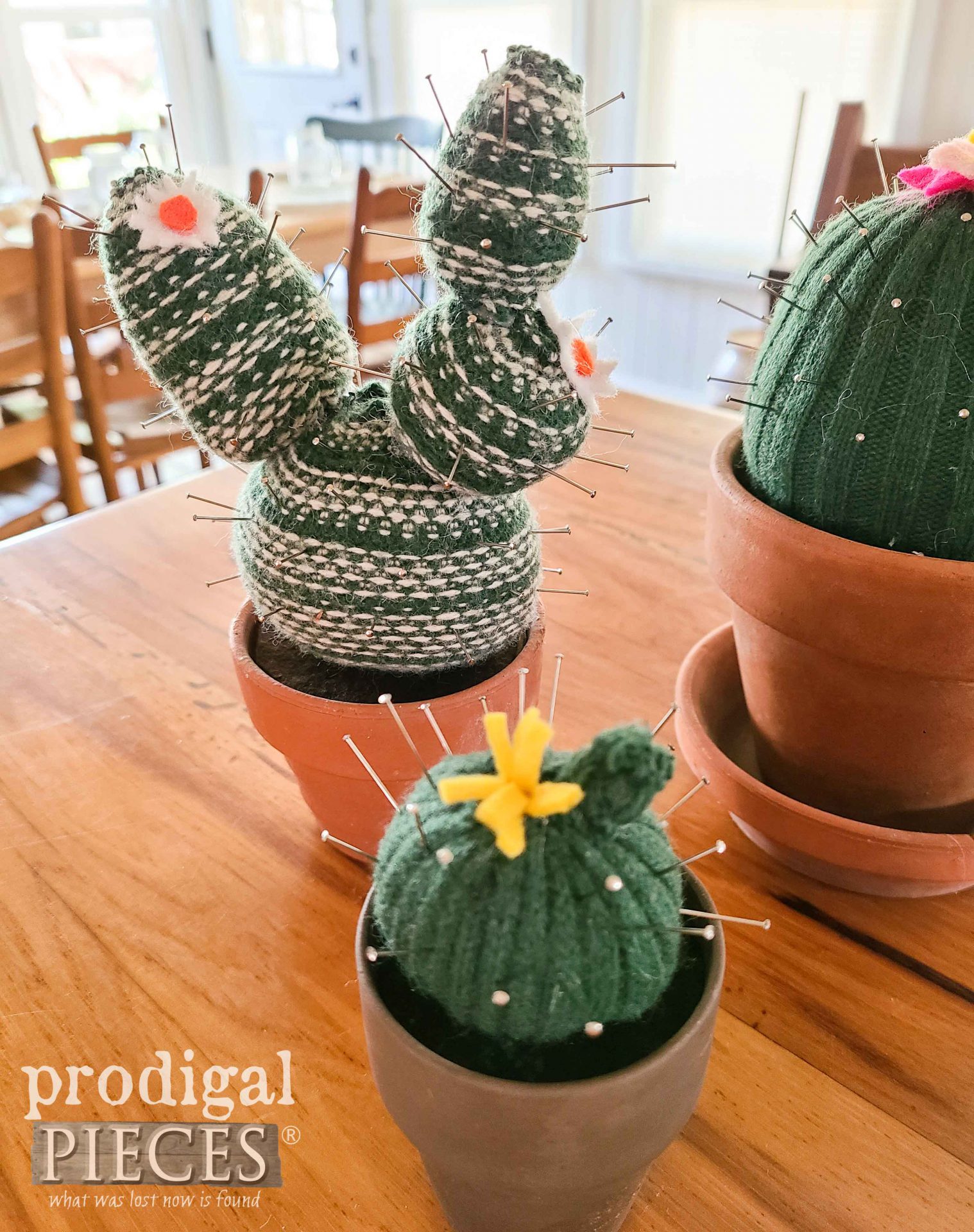 Handmdade Knit Cactus Pincushion from Upcycled Sweater by Larissa of Prodigal Pieces | prodigalpieces.com #prodigalpieces #upcycled #refashion #succulent