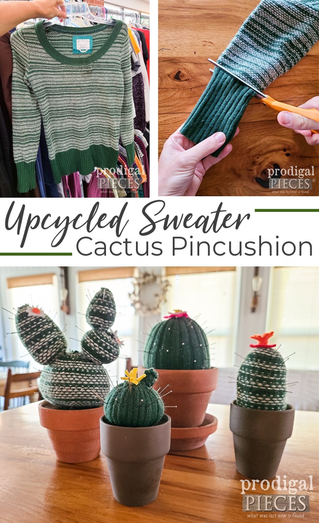 Create this adorable cactus pincushion by using an upcycled sweater. Full tutorial by Larissa of Prodigal Pieces at prodigalpieces.com #prodigalpieces #handmade #giftidea #crafts #sewing #diy #upcycled