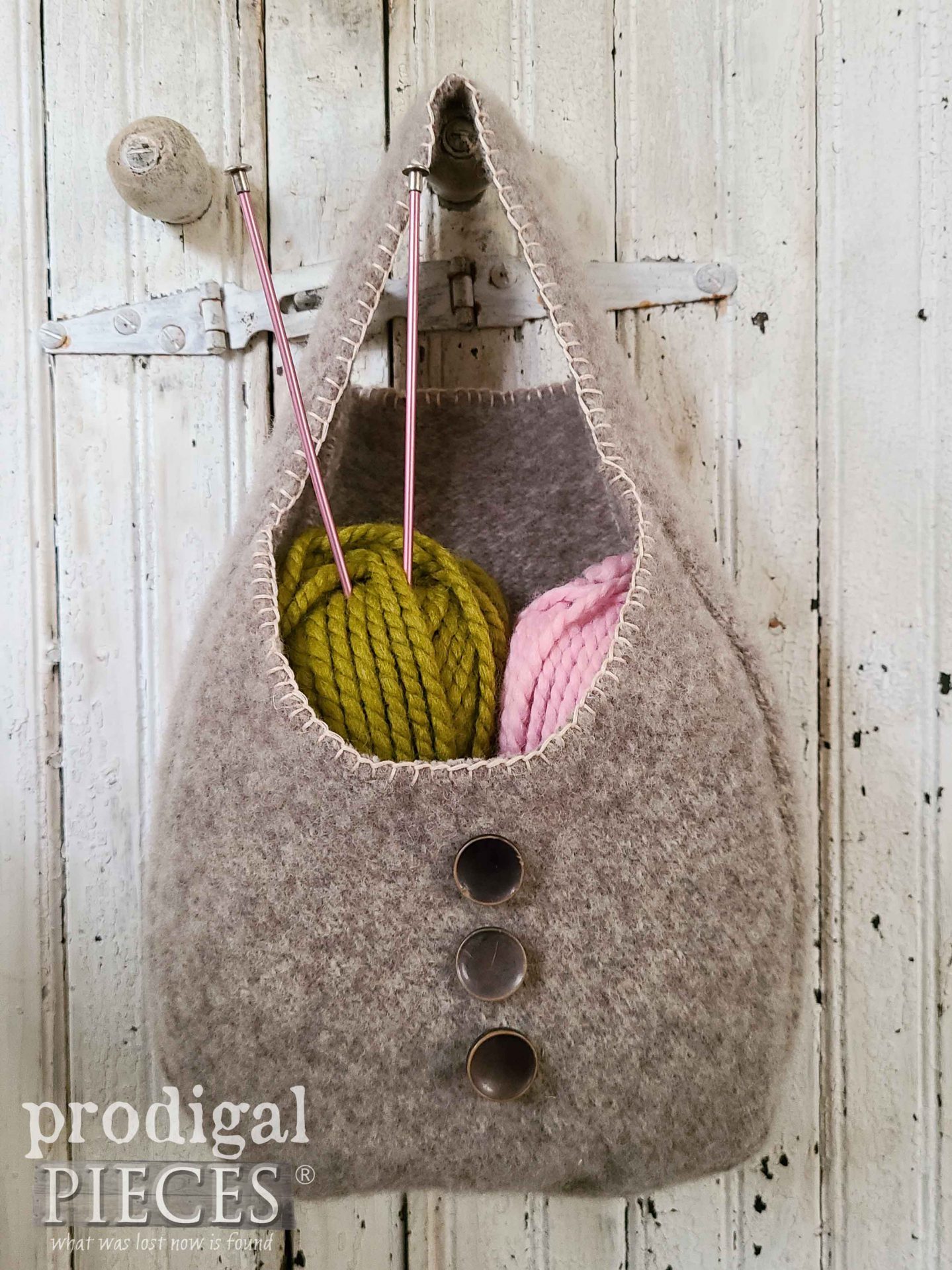 Felted Brown Wool with White Trim and Buttons by Larissa of Prodigal Pieces | prodigalpieces.com #prodigalpieces #felted #bag #storage #knit #crochet