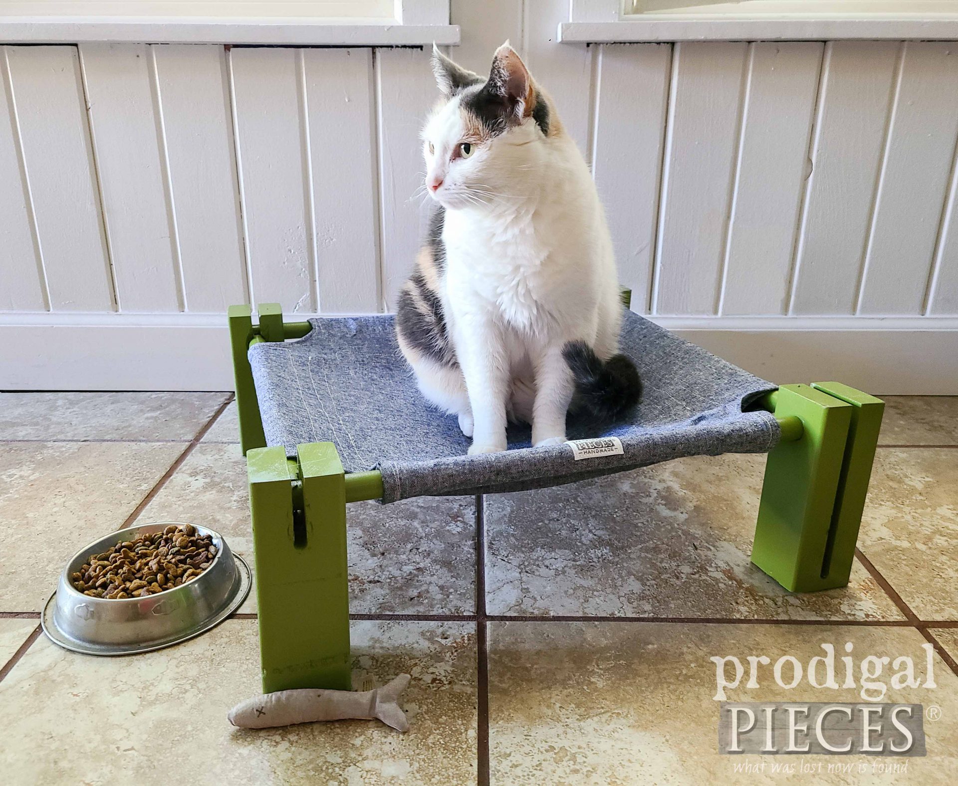 Calico Cat Sitting on Upcycled Cot built by Larissa of Prodigal Pieces | prodigalpieces.com #prodigalpieces #upcycled #diy #cat #dog #pets