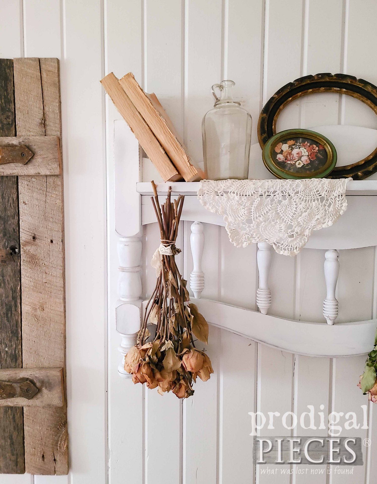Cottage Style Vignette with Roses on Upcycled Headboard Coat Rack by Larissa of Prodigal Pieces | prodigalpieces.com #prodigalpieces #cottage #farmhouse #diy #upcycled