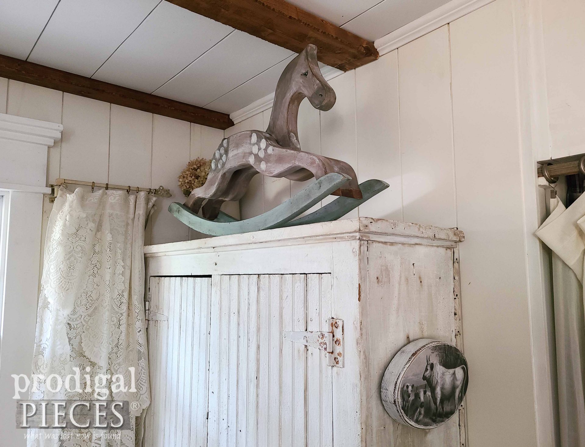 Farmhouse Bedroom Cupboard with Antique Rocking Horse by Larissa of Prodigal Pieces | prodigalpieces.com #prodigalpieces #farmhouse #home #homedecor