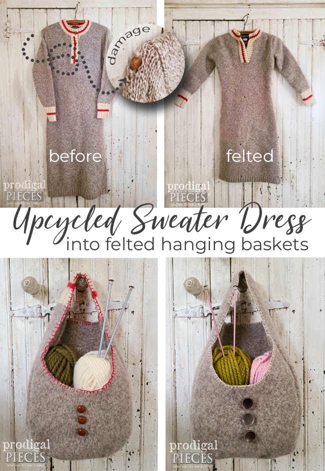 A moth-eaten sweater dress becomes two felted wool hanging baskets with this tutorial by Larissa of Prodigal Pieces | prodigalpieces.com #prodigalpieces #felted #wool #handmade #giftidea #style #bag #purse