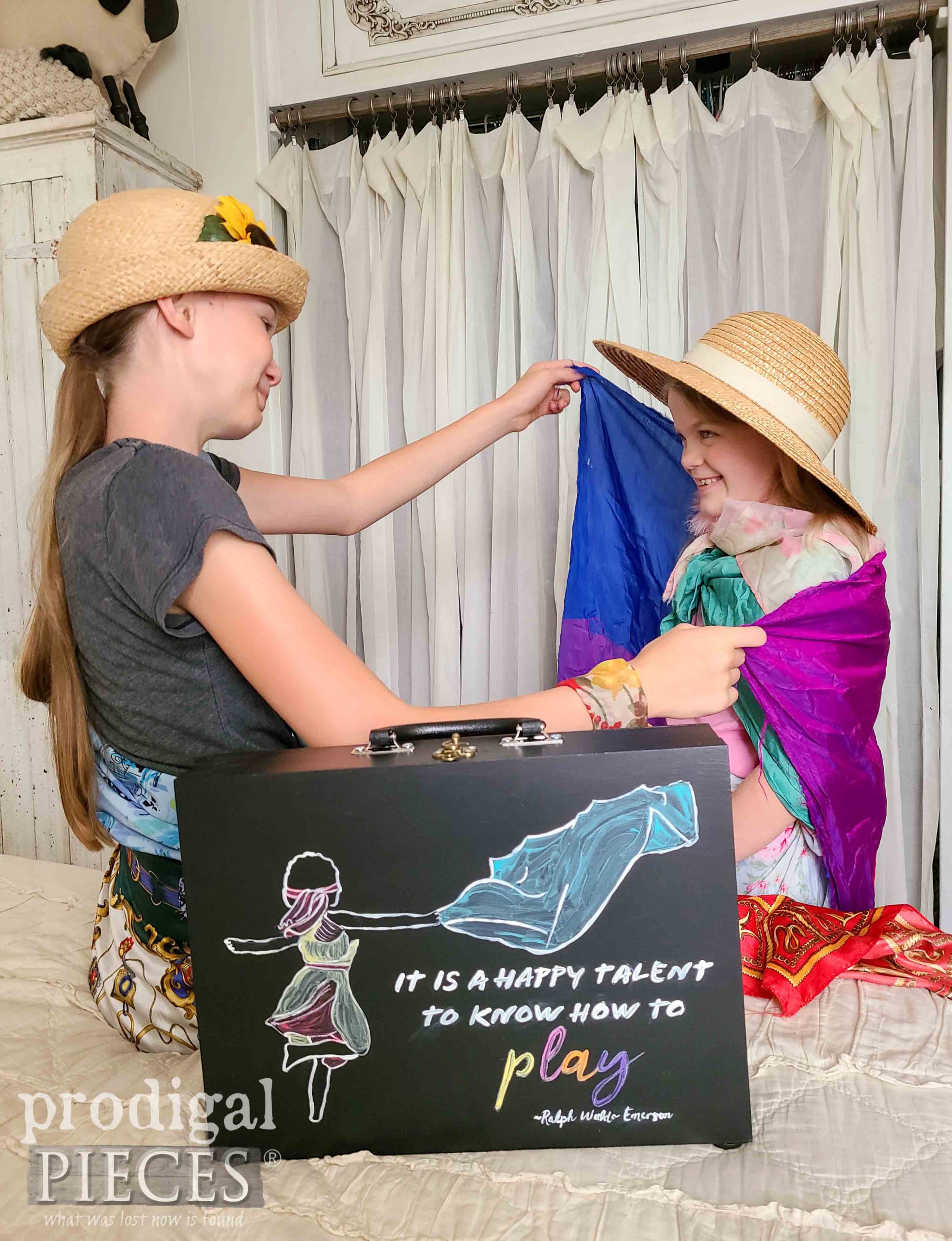 Girls Pretending Dress-Up with Upcycled Flatware Box and Thrifted Scarves by Larissa of Prodigal Pieces | prodigalpieces.com #prodigalpieces #playtime #toys #giftideas