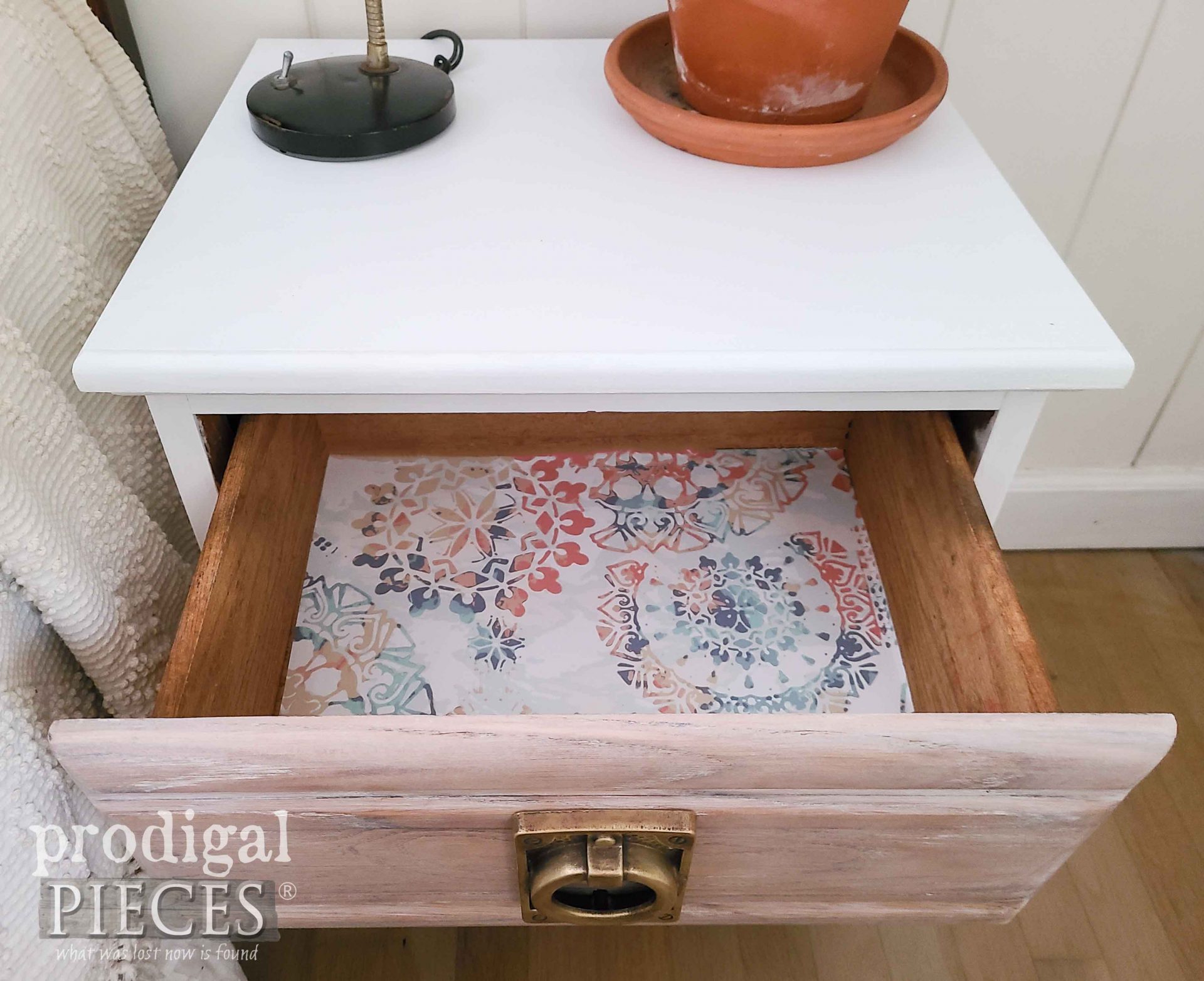 Paper Line Dated Vintage Nightstand by Larissa of Prodigal Pieces | prodigalpieces.com #prodigalpieces #vintage #furniture #bedroom