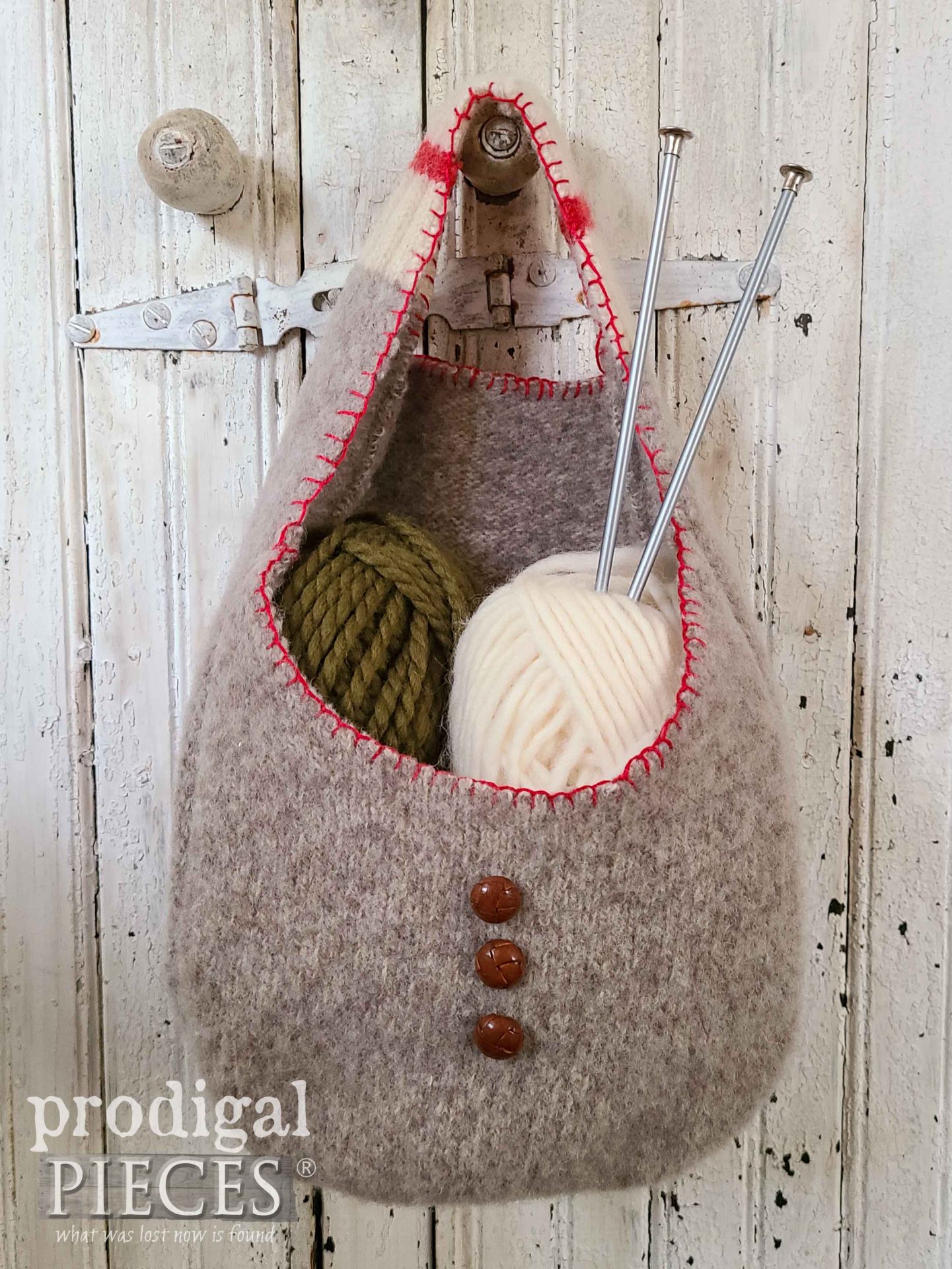 Felted Brown Wool Basket with Red Trim from Upcycled Dress by Larissa of Prodigal Pieces | prodigalpieces.com #prodigalpieces #diy #refashion #sewing #giftidea #christmas