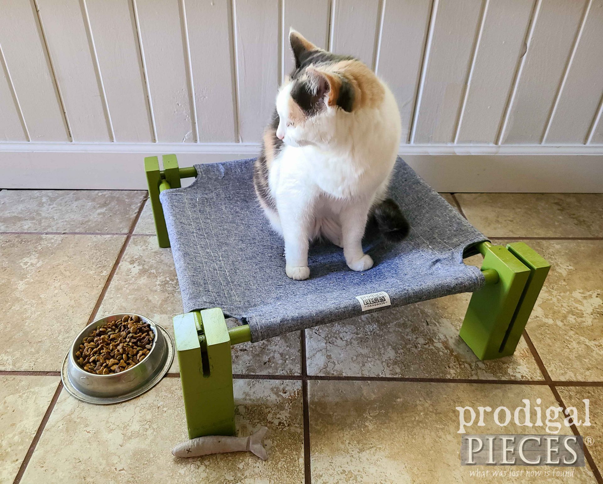 Top View of Cat Cot Hammock with a Sweet Calico Cat by Larissa of Prodigal Pieces | prodigalpieces.com #prodigalpieces #cat #diy #pet #dog #handmade