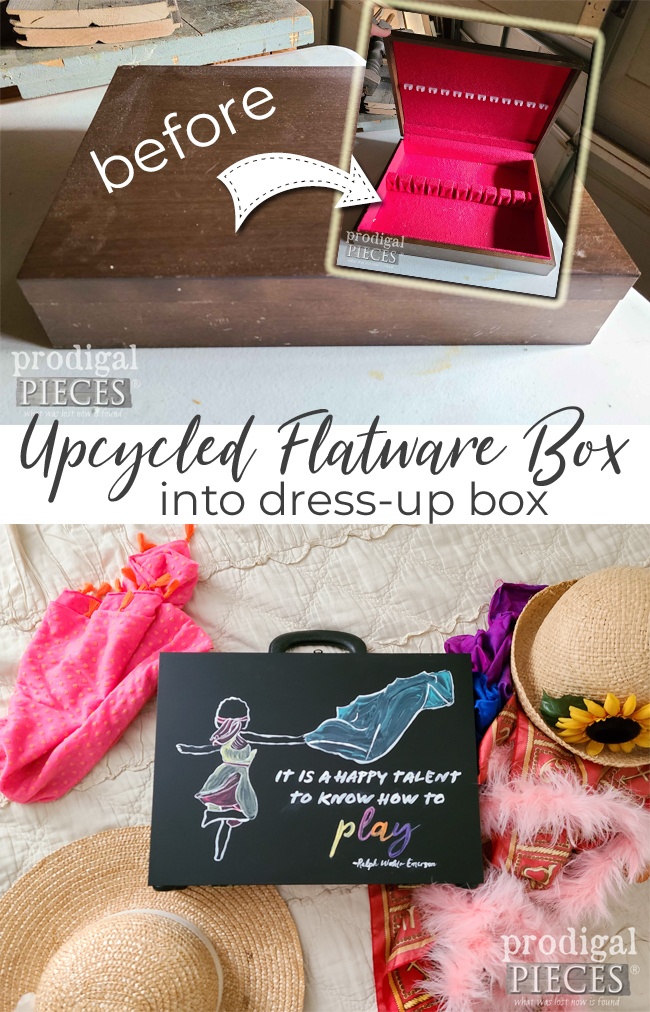 So cute! An upcycled flatware box is turned into a whimsical dress-up box with thrifted scarves by Larissa of Prodigal Pieces | prodigalpieces.com #prodigalpieces #upcycled #kids #fun #toys #play #diy