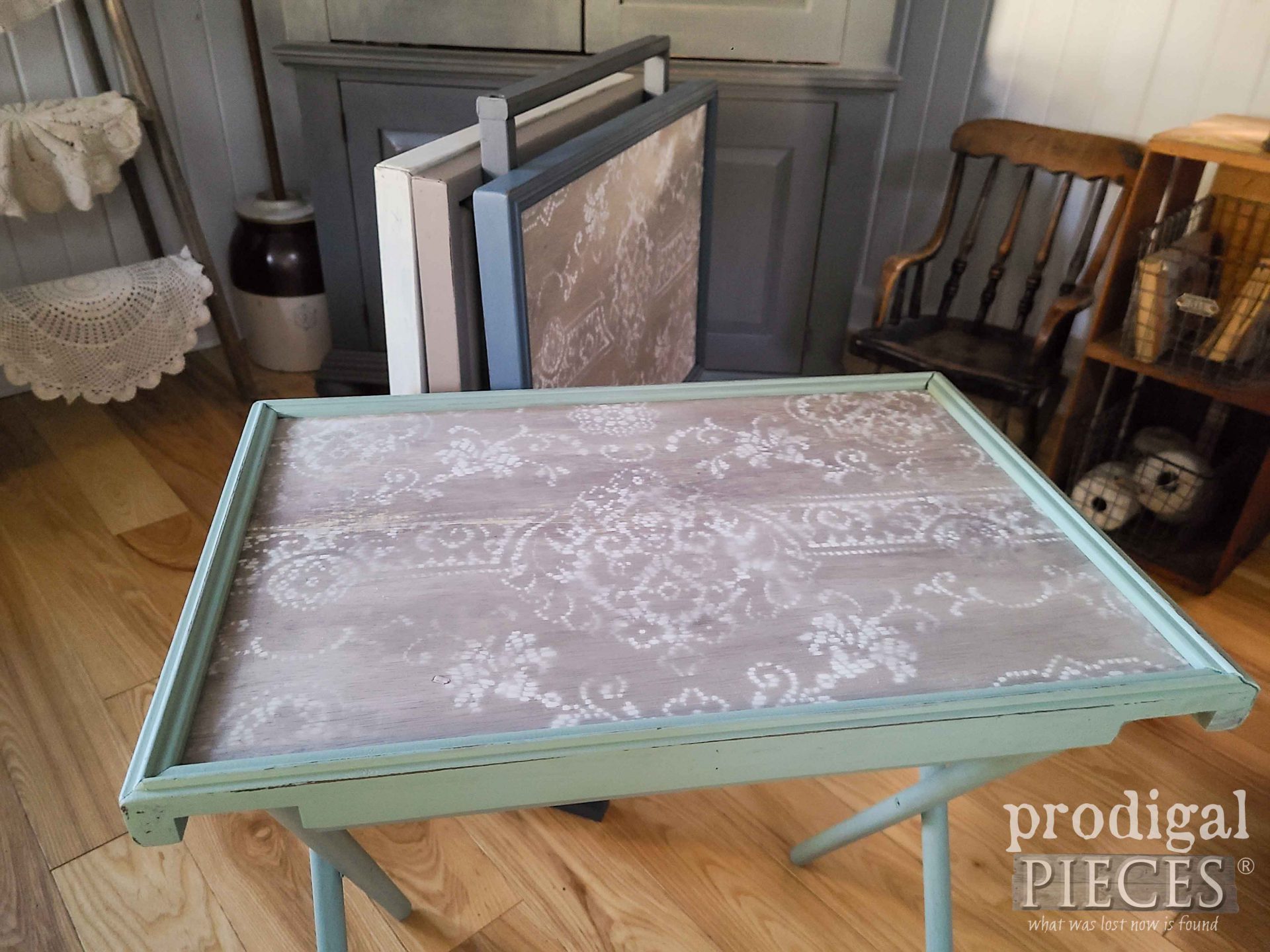 Closeup of Vintage TV Tray with Lace Stenciling Design by Larissa of Prodigal Pieces | prodigalpieces.com #prodigalpieces #tv #tray #home