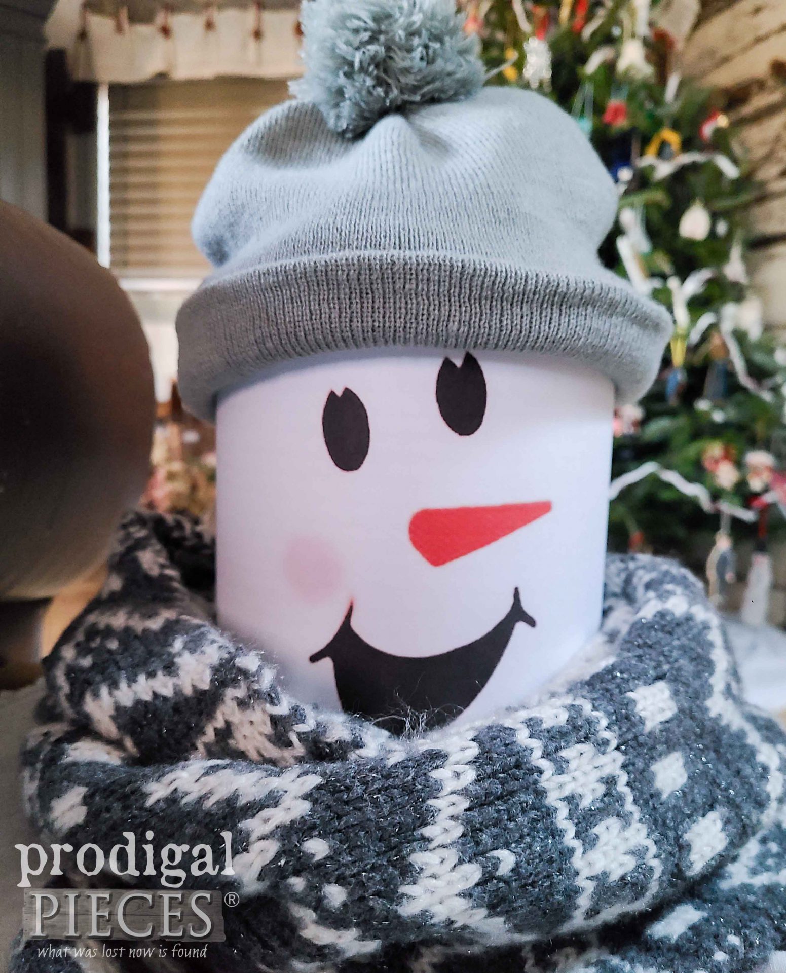 DIY Coffee Can Snowman with Upcycled Scarves by Larissa of Prodigal Pieces | prodigalpieces.com #prodigalpieces #snowman #diy