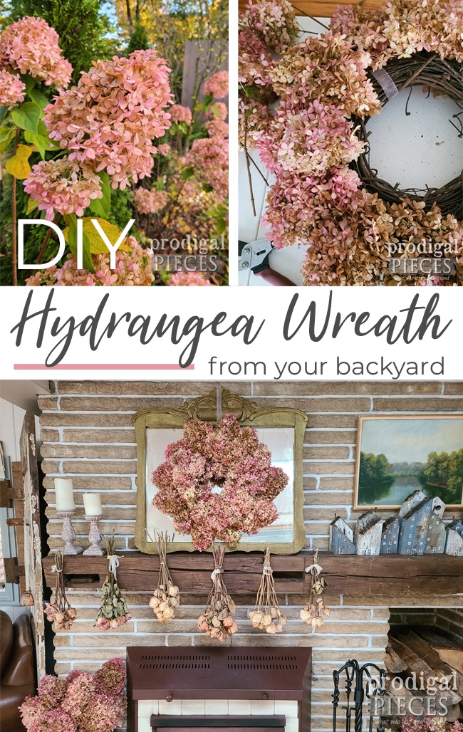 From the garden to your home, a DIY hydrangea wreath is sure to please. Tutorial by Larissa of Prodigal Pieces at prodigalpieces.com #prodigalpieces #diy #farmhouse #wreath #fall #autumn