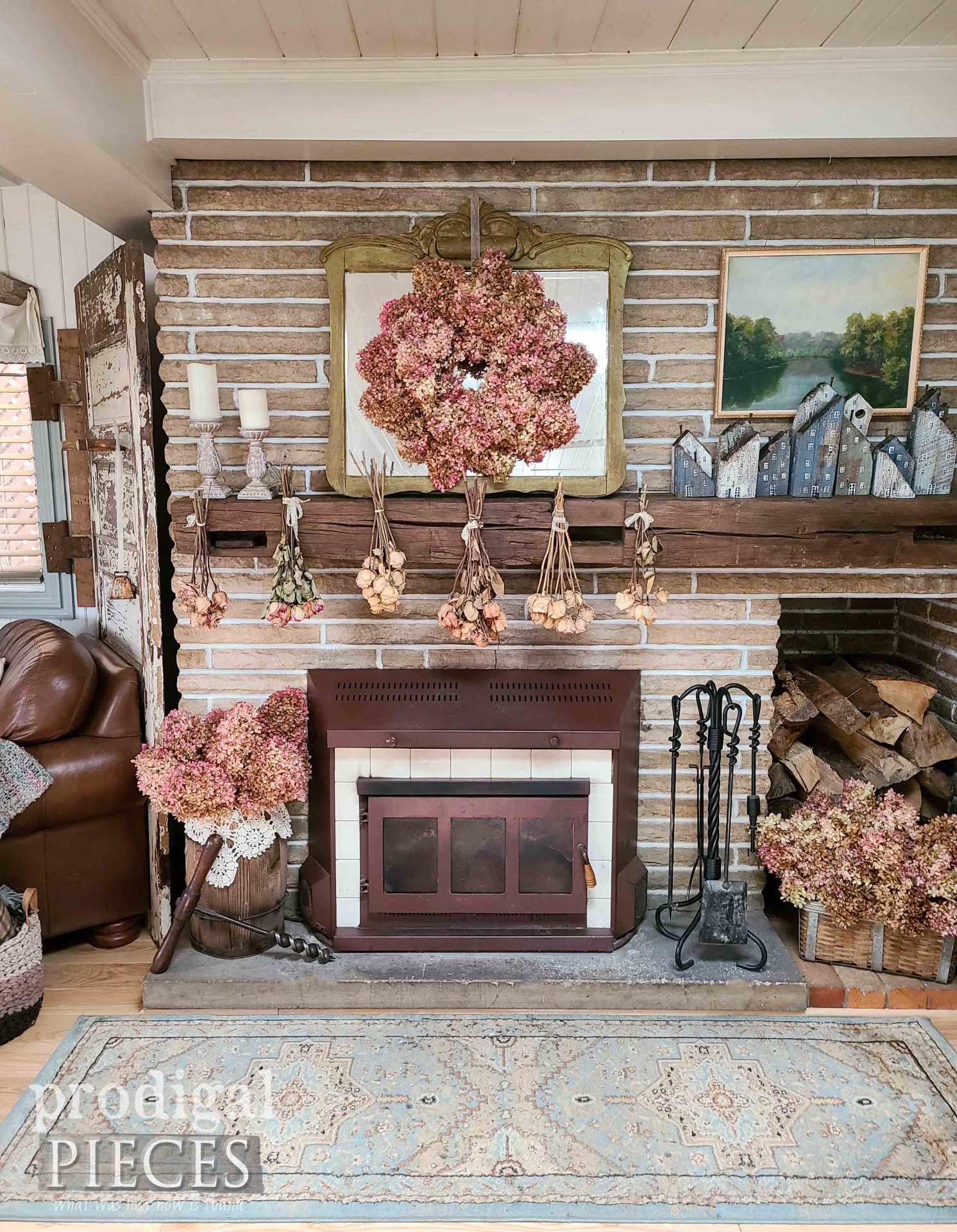 Farmhouse Fall Fireplace Decor with DIY Hydrangea Wreath by Larissa of Prodigal Pieces | prodigalpieces.com #prodigalpieces #farmhouse #fall