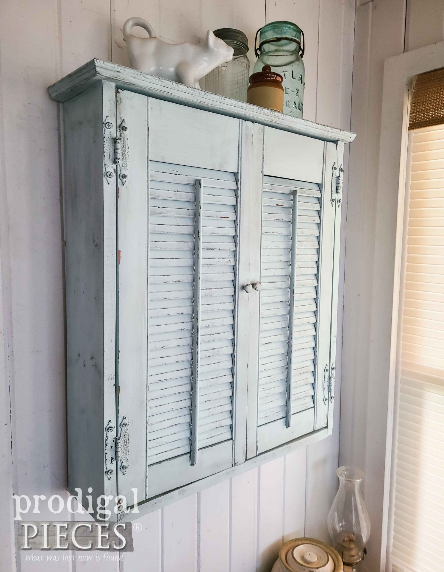 Handmade Upcycled Shutters Wall Cabinet in Aqua Blue by Larissa of Prodigal Pieces | prodigalpieces.com #prodigalpieces #diy #woodworking #home #diy