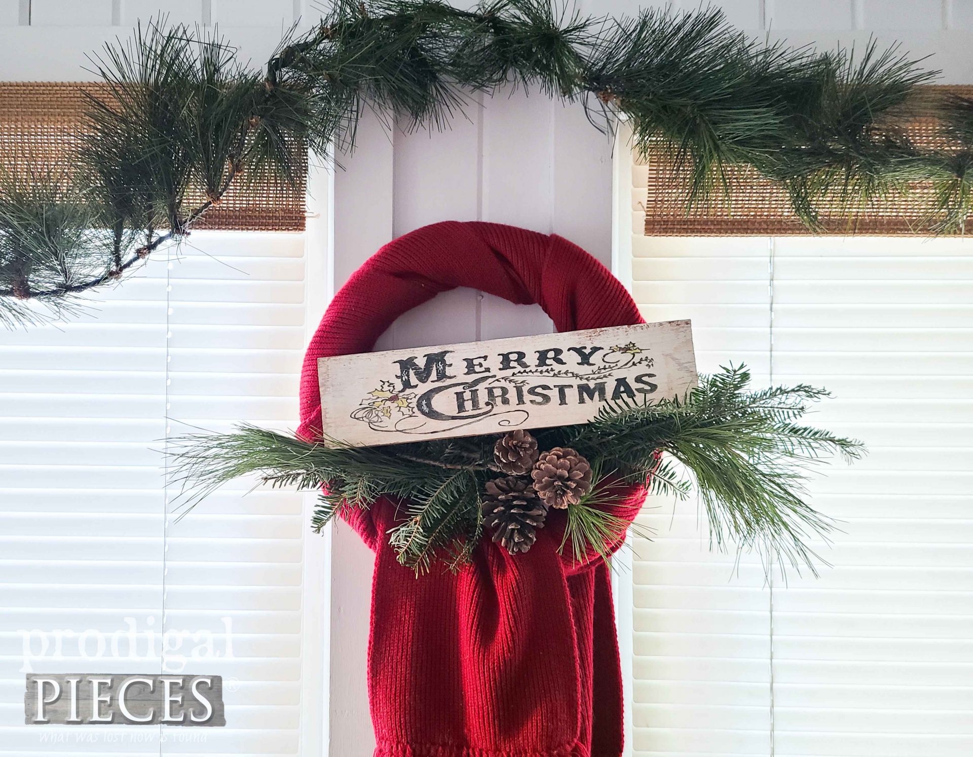 Merry Christmas Wreath with Upcycled Scarf & Foraged Greens by Larissa of Prodigal Pieces | prodigalpieces.com #prodigalpieces #christmas #upcycled #diy