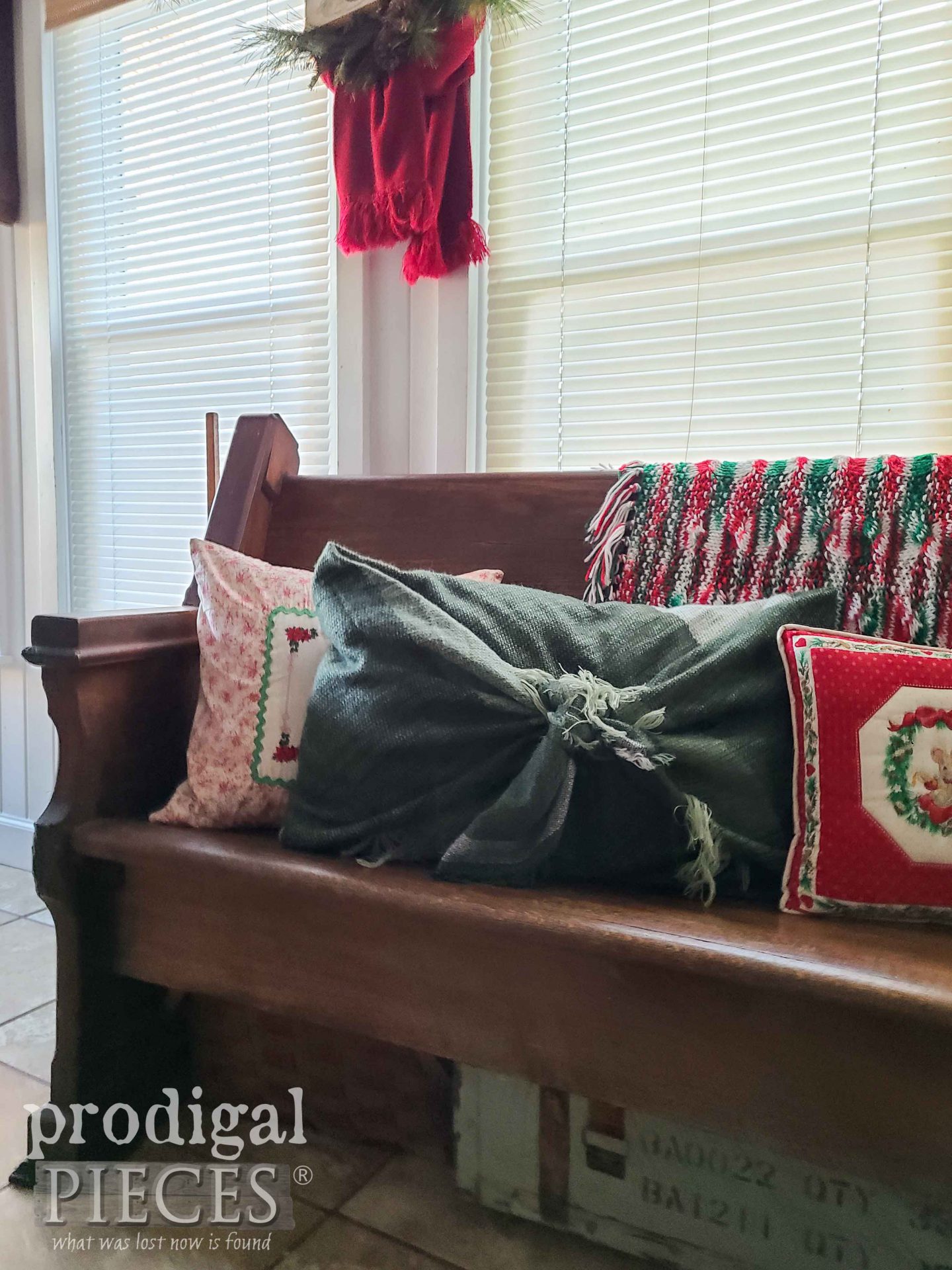 Refashioned Scarf into Throw Pillow Cover by Larissa of Prodigal Pieces | prodigalpieces.com #prodigalpieces #refashioned #diy #christmas