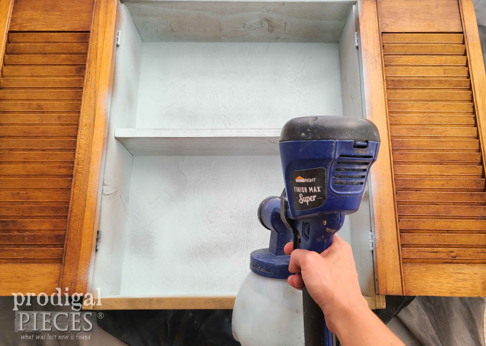 Spray Painting Upcycled Shutters Wall Cabinet with HomeRight Super Finish Max Extra Sprayer by Larissa of Prodigal Pieces | prodigalpieces.com #prodigalpieces #diy #paint