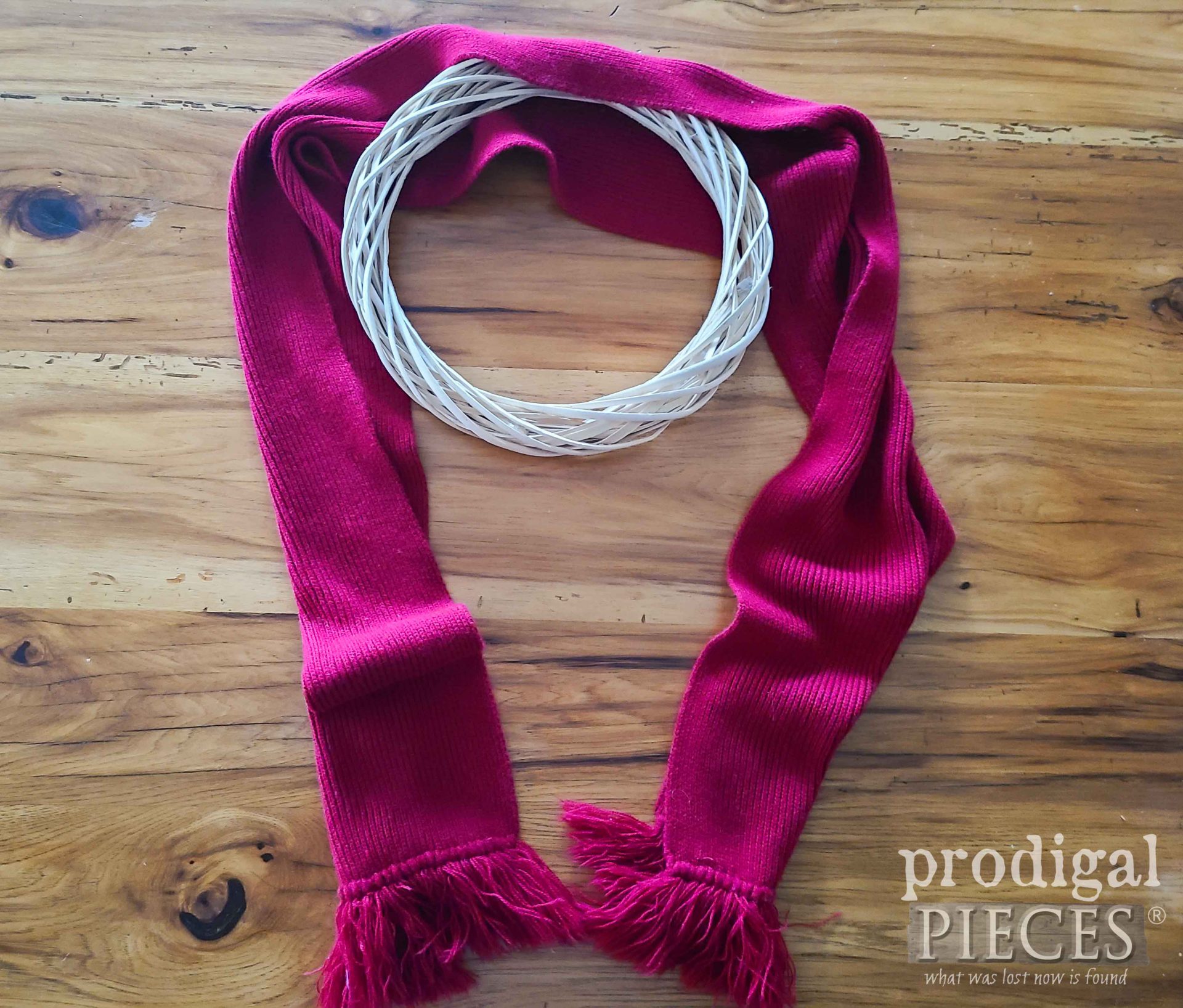 Wrapping Dollar Store Wreath with Thrifted Scarf | prodigalpieces.com