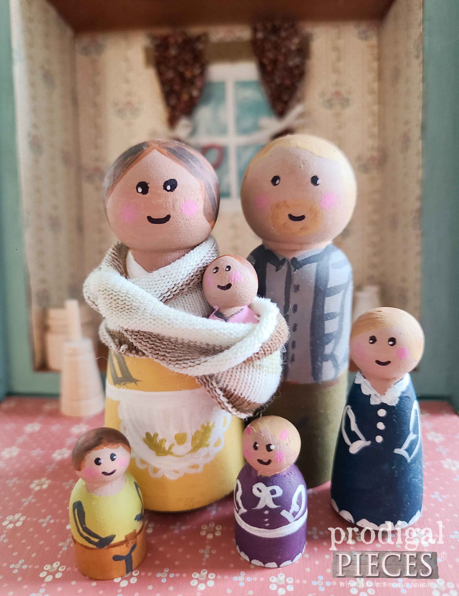 Hand-Painted Peg Doll Family for DIY Travel Dollhouse from Upcycled Cigar Box by Larissa of Prodigal Pieces | prodigalpieces.com #prodigalpieces #diy #toys #kids #gift #travel