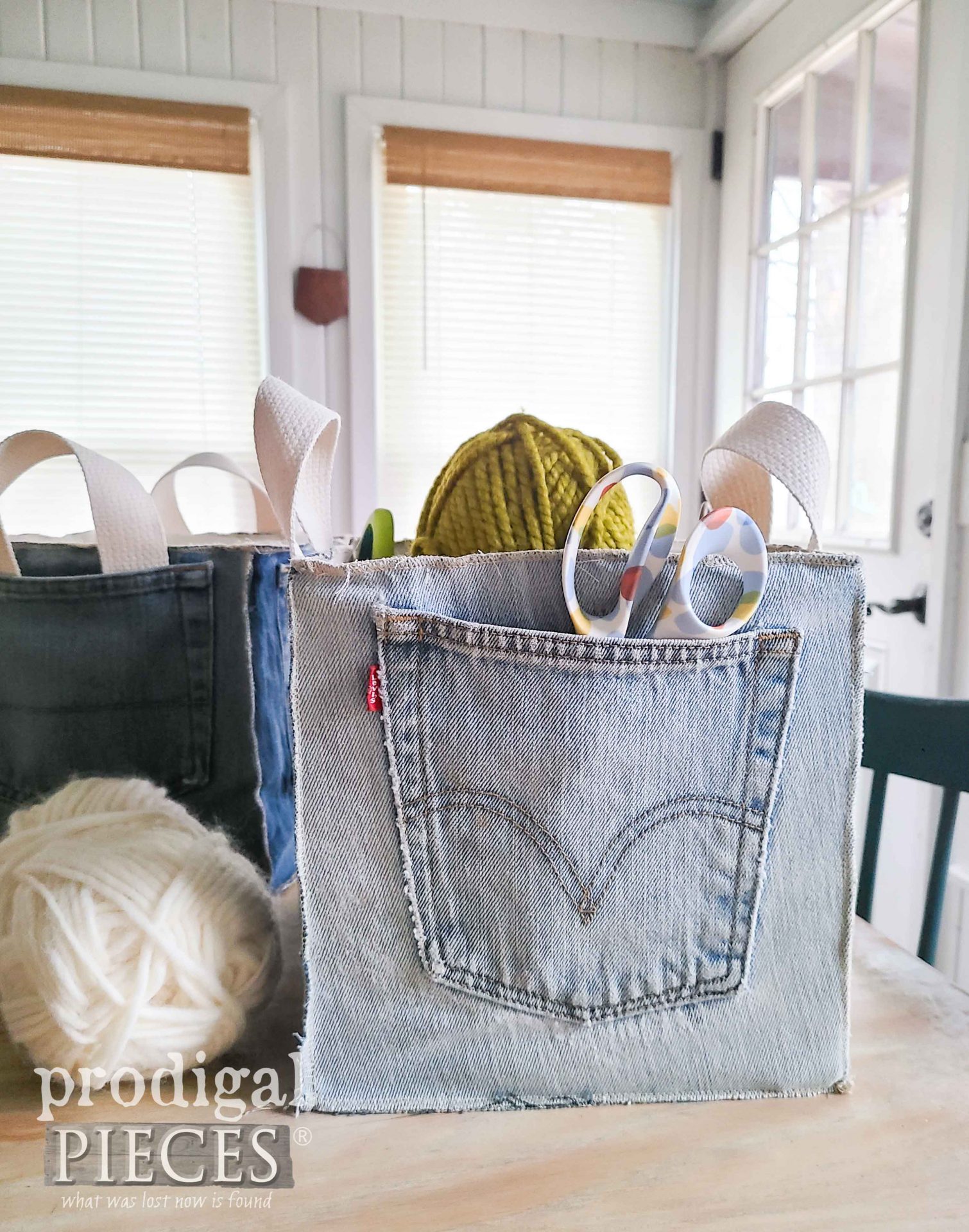 DIY Levi Upcycled Jean Storage Bucket with Tutorial by Larissa of Prodigal Pieces | prodigalpieces.com #prodigalpieces #diy #upcycled #handmade #home #storage
