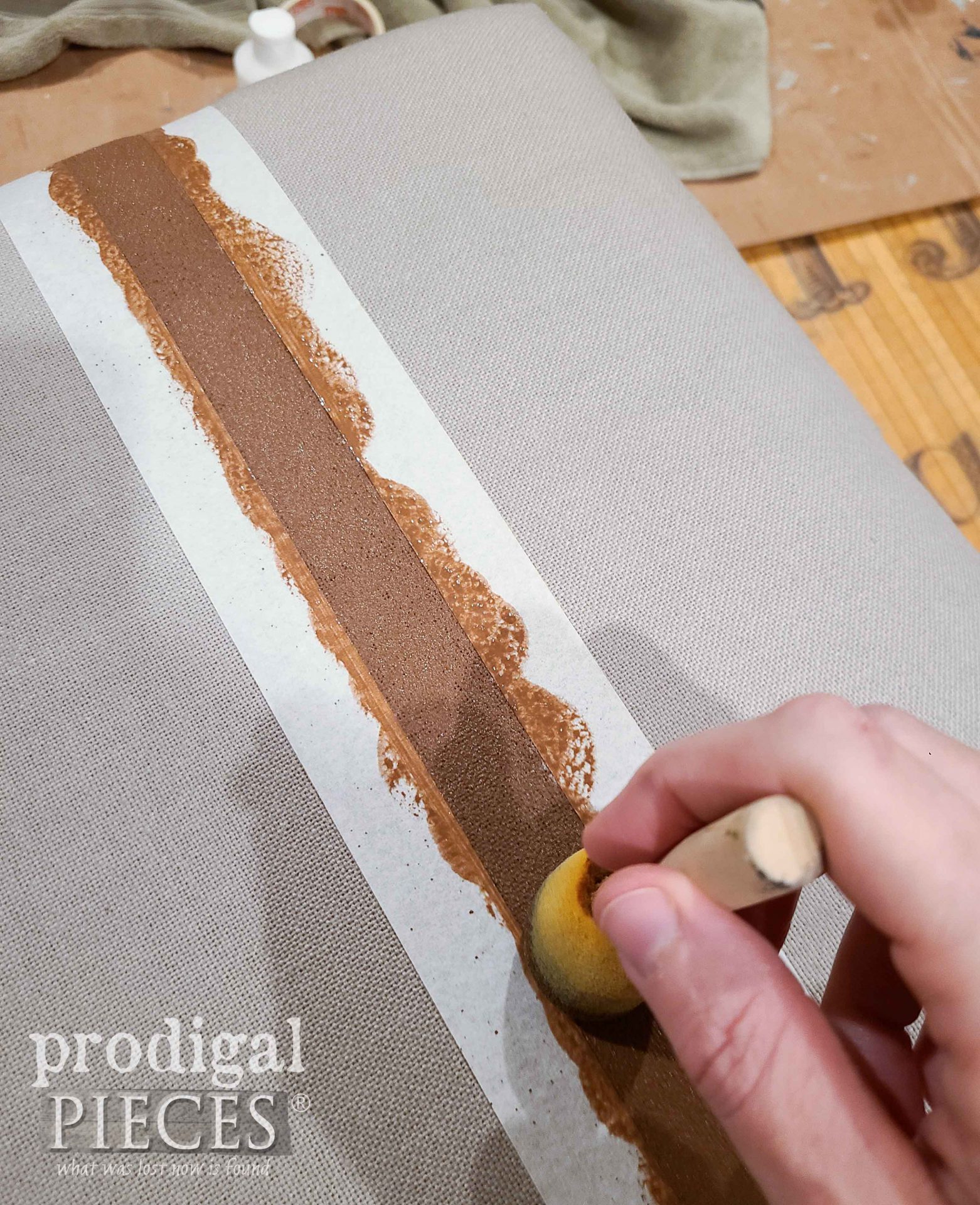 Painting Stripe on Vintage Tufted Bench Upholstery | prodigalpieces.com #prodigalpieces