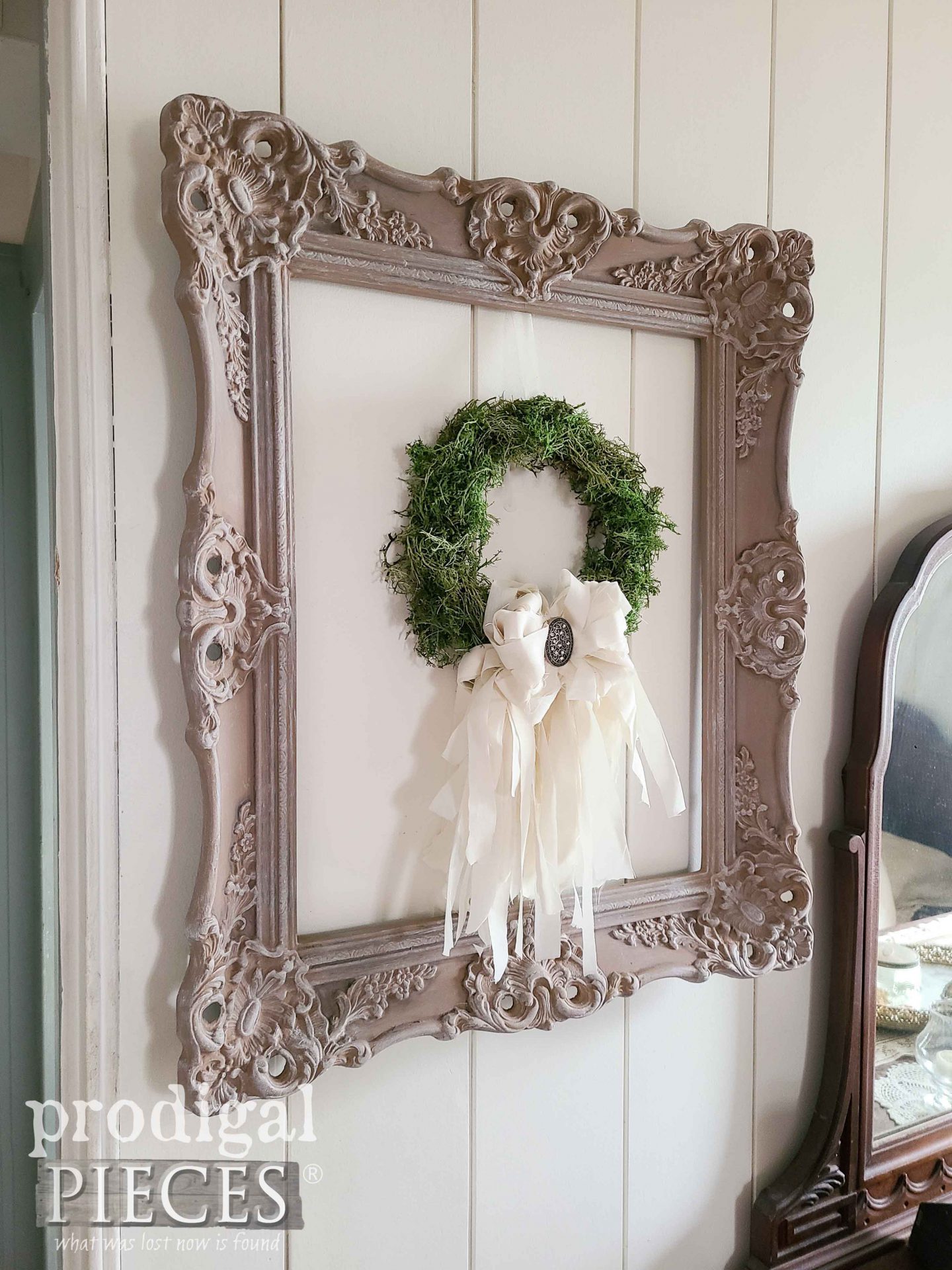 Side View of Upcycled Ornate Frame with Moss Wreath by Larissa of Prodigal Pieces | prodigalpieces.com #prodigalpieces #homedecor #diy