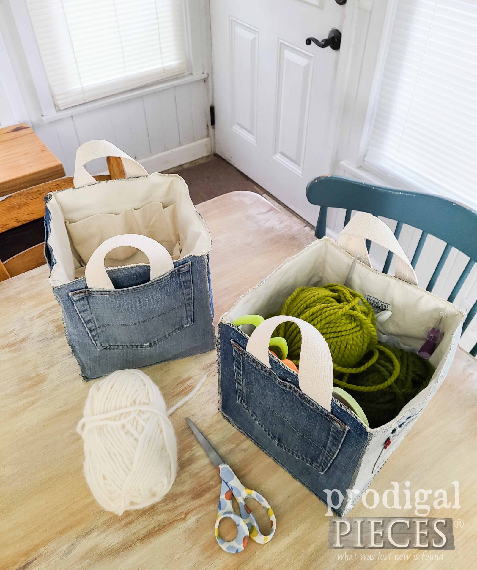 Top View Upcycled Jean Storage Buckets by Larissa of Prodigal Pieces | prodigalpieces.com #prodigalpieces #diy #jeans #upcycled