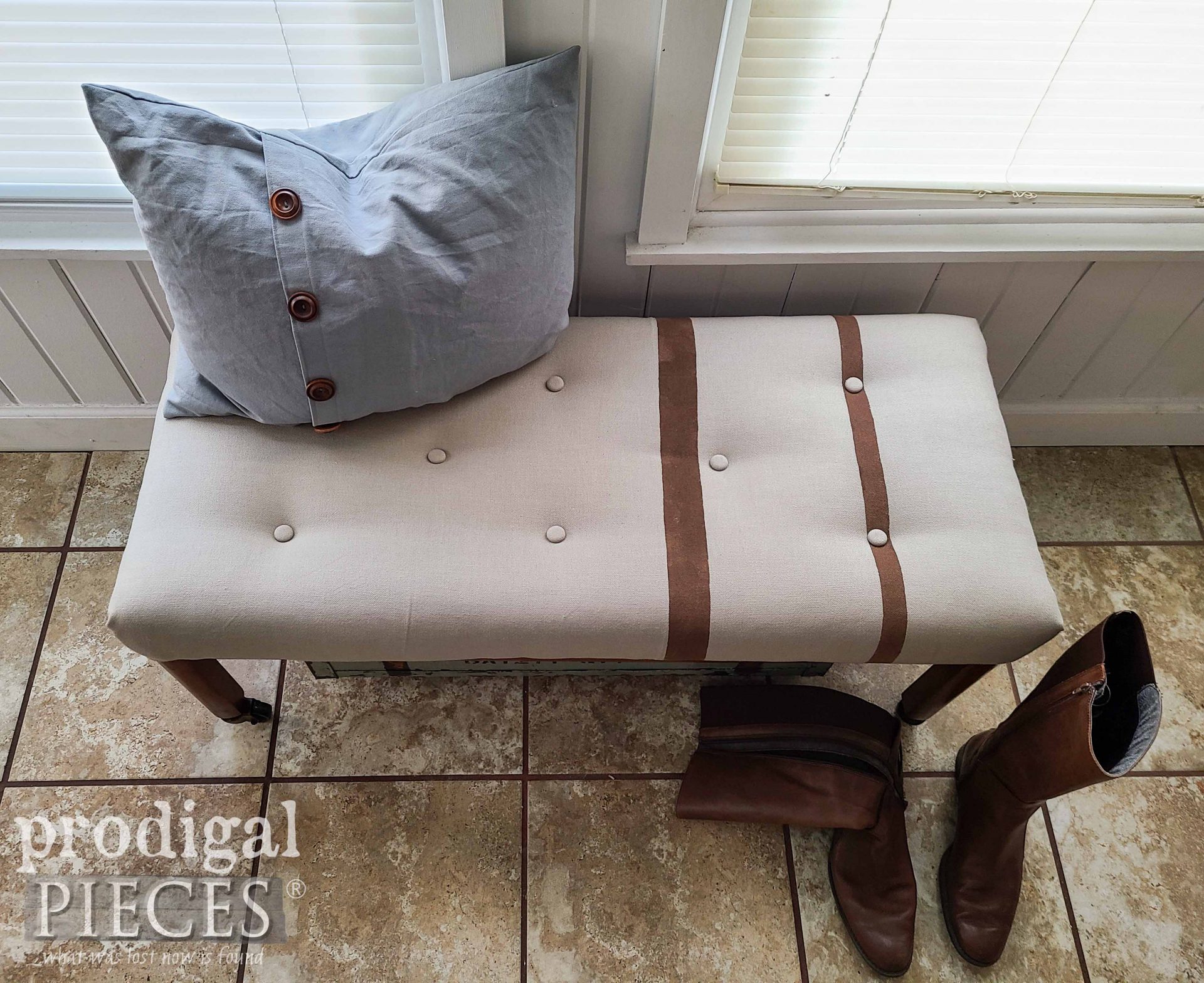 Top View of DIY Vintage Tufted Bench for Modern Farmhouse Style by Larissa of Prodigal Pieces | prodigalpieces.com #prodigalpieces #modernfarmhouse #diy 