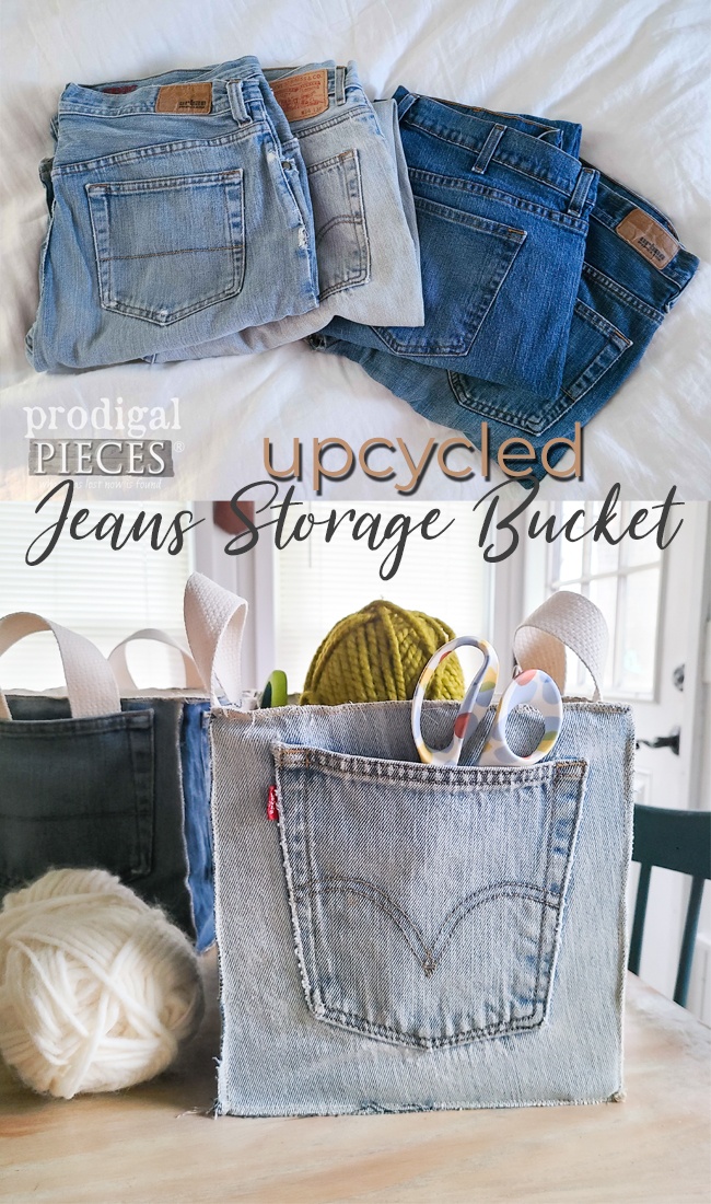 Create an Upcycled Jean Storage Bucket using your worn out jeans. Tutorial by Larissa of Prodigal Pieces at prodigalpieces.com #prodigalpieces #upcycled #handmade #jeans #storage #crafts