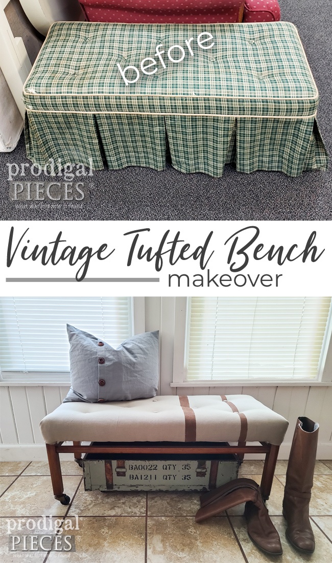 Wow! This dated vintage tufted bench makeover is one to see | Check it out by Larissa of Prodigal Pieces at prodigalpieces.com #prodigalpieces #vintage #furniture #home #diy #upholstery #modernfarmhouse