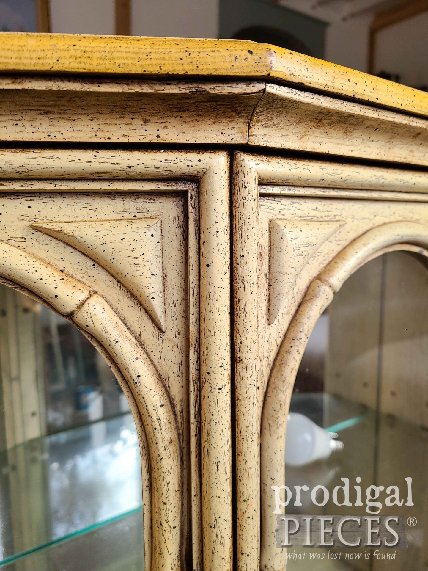 Closeup of Faux Finish in Vintag Curio Cabinet | prodigalpieces.com #prodigalpieces