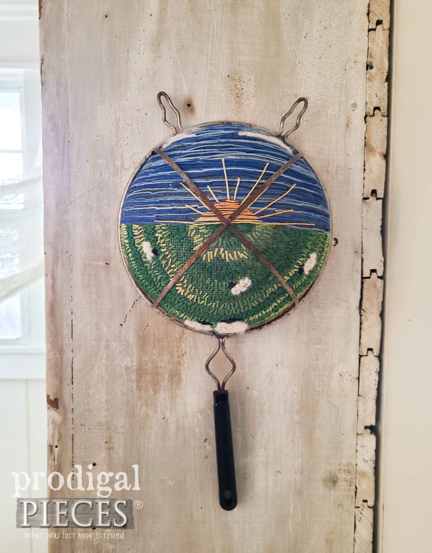 DIY Farmhouse Embroidered Strainer Art "Focus on the Son" by Larissa of Prodigal Pieces | prodigalpieces.com #prodigalpieces #diy #crafts #art #upcycled