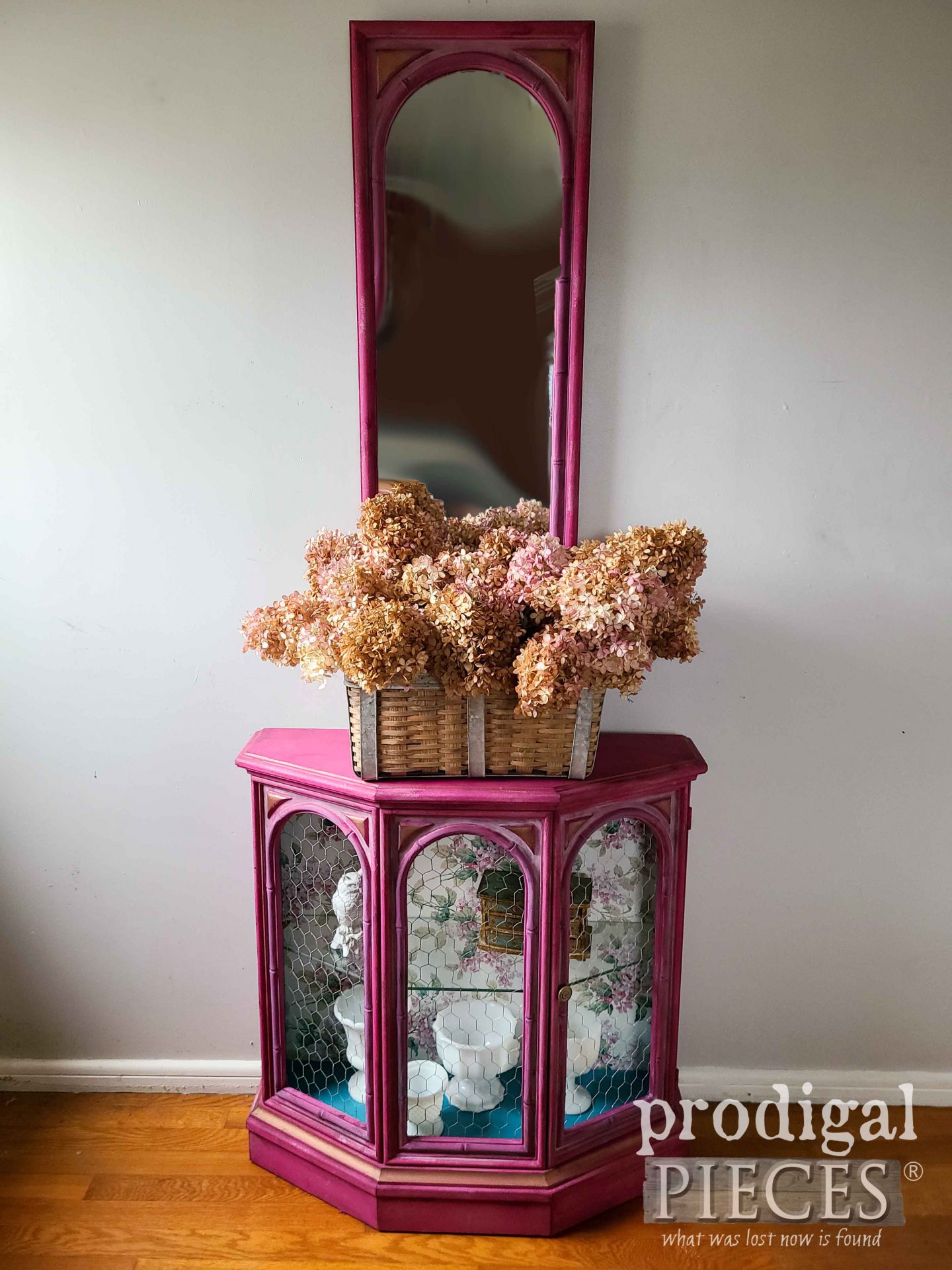 DIY Fuschia Curio Cabinet Set with Mirror by Larissa of Prodigal Pieces | prodigalpieces.com #prodigalpieces #diy #furniture #homedecor