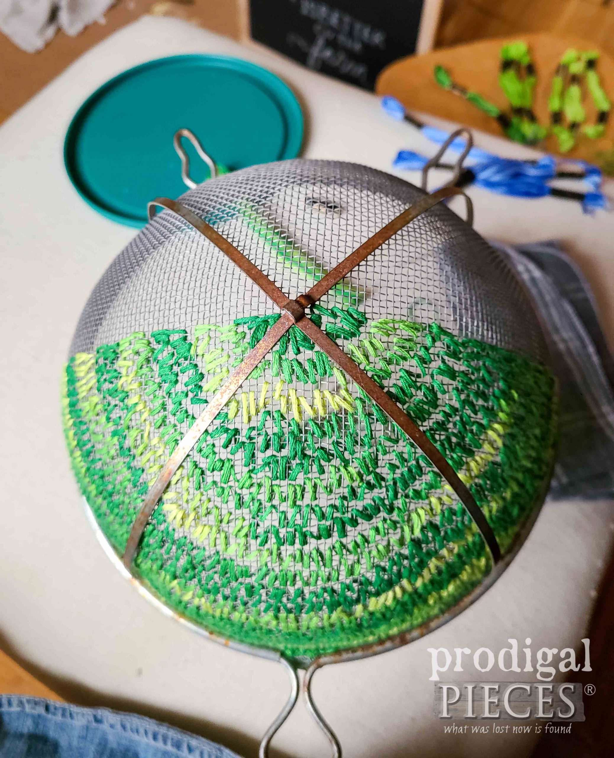 Variegated Grass Embroidery on Strainer | prodigalpieces.com #prodigalpieces