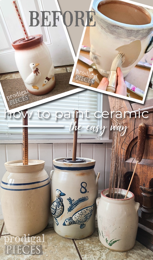 Check out how to paint ceramic easily and with bit of DIY fun. Tutorial by Larissa of Prodigal Pieces | prodigalpieces.com #prodigalpieces #diy #crafts #paint #farmhouse #home