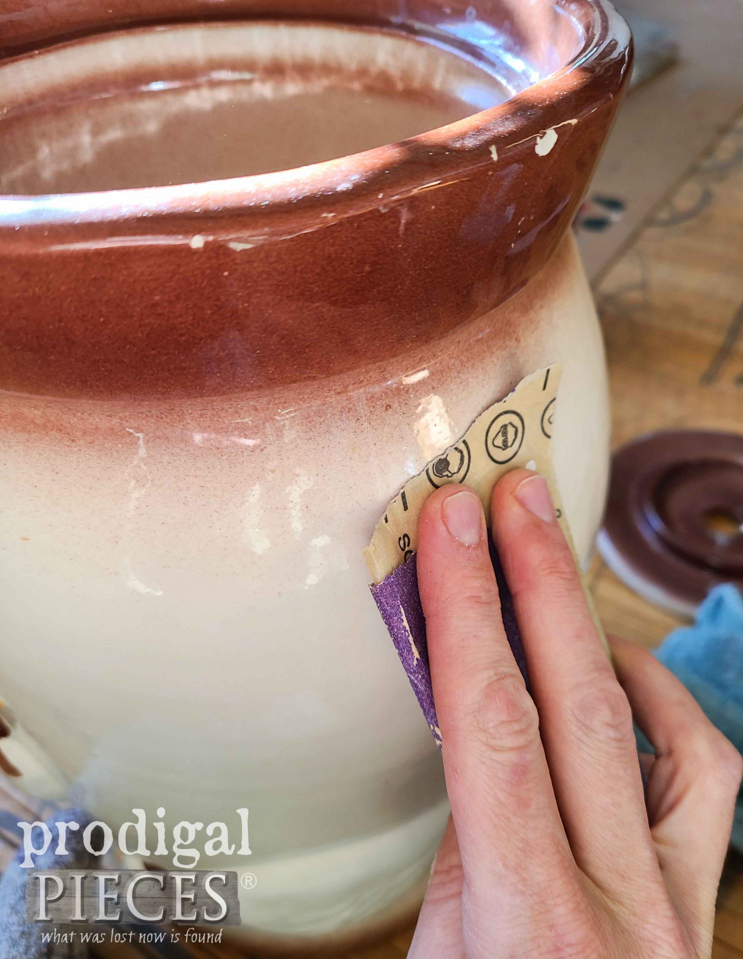 Sanding Ceramic Churn | How to Paint Ceramic | prodigalpieces.com